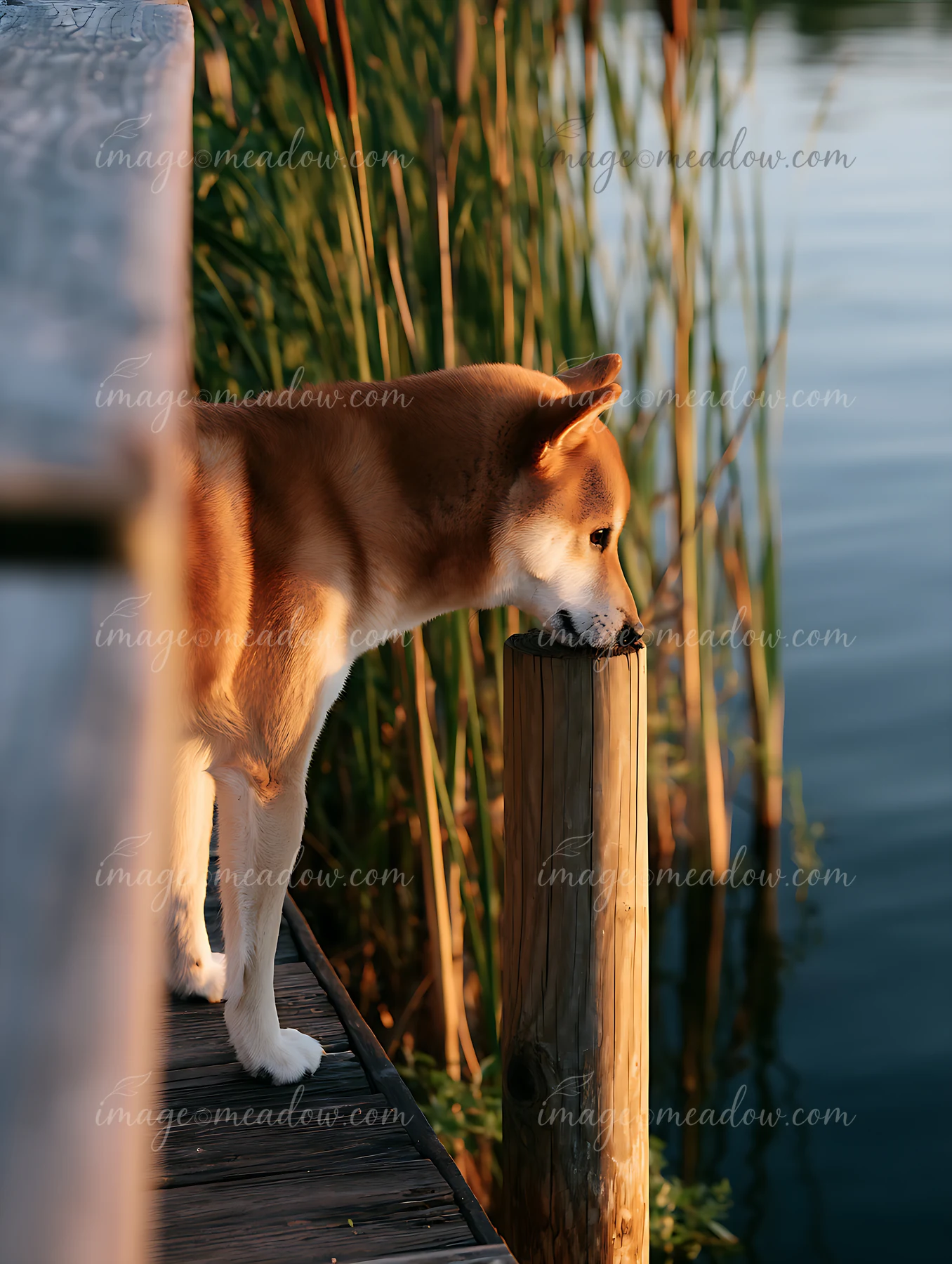 Shiba Inu explores a wooden pier beside calm water and tall reeds.