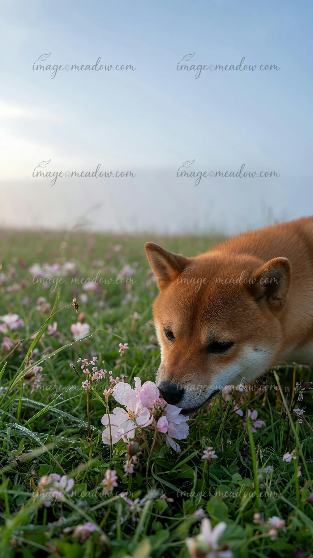 Shiba Inu lowers its nose to pink flowers in a green spring meadow beneath a softly blurred blue sky.