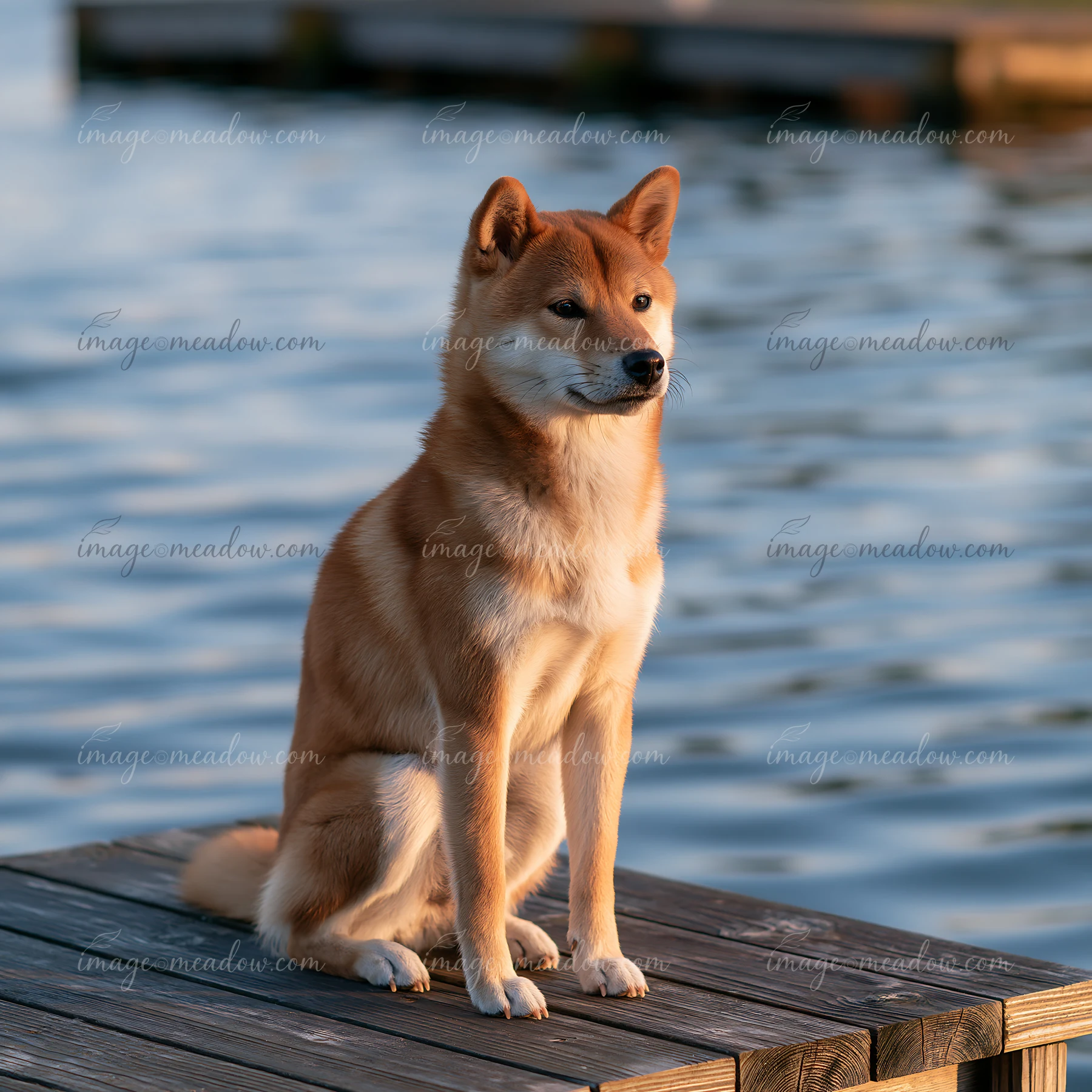 Shiba inu sitting on a wooden dock beside calm blue water in warm light.