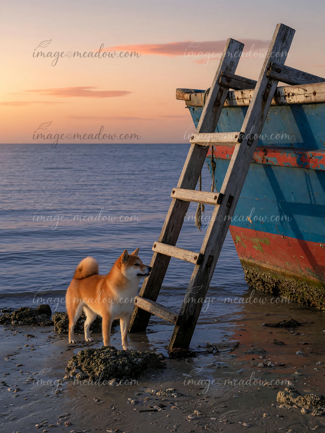 Shiba Inu standing beside a weathered ladder and colorful boat on a rocky shore at sunset