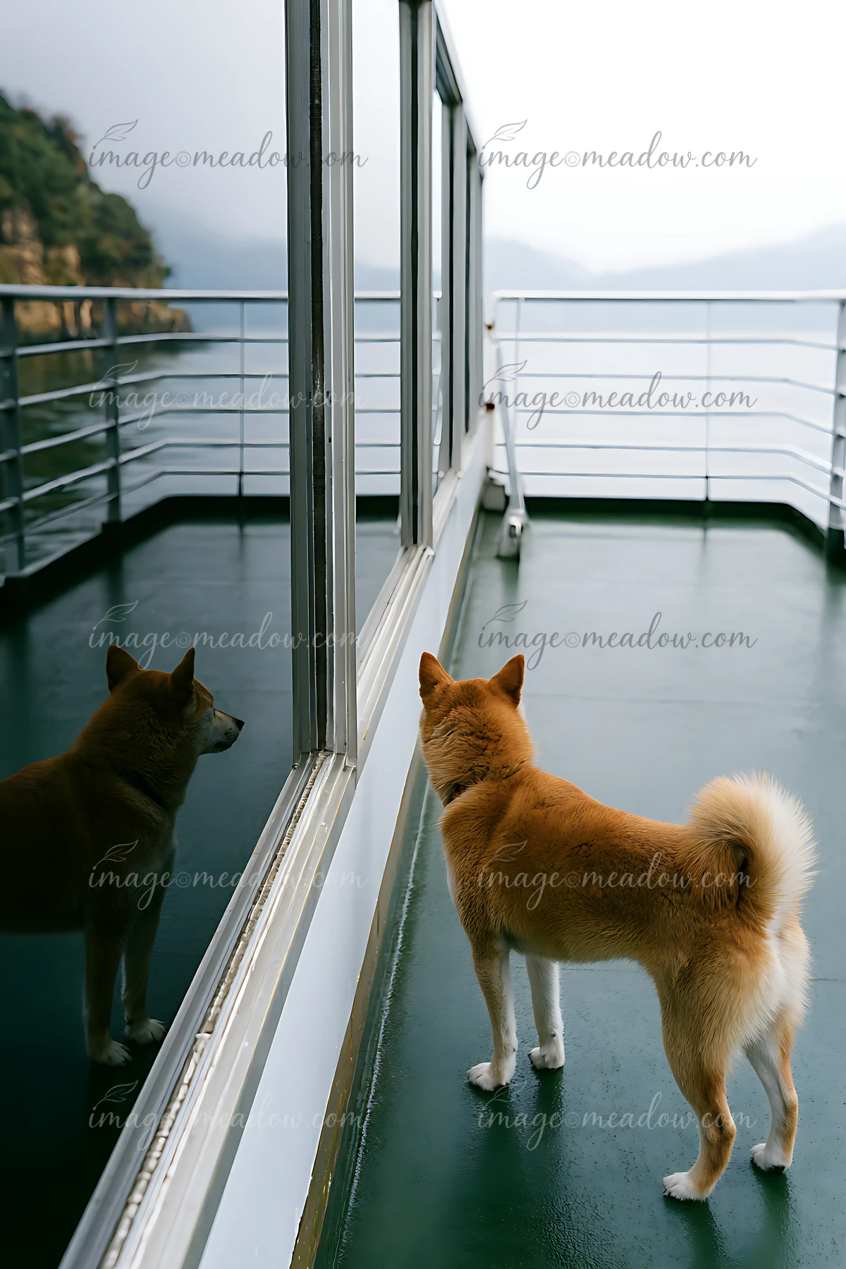 Shiba inu standing on a ferry observation deck beside glass panels, with its reflection and misty mountains beyond.