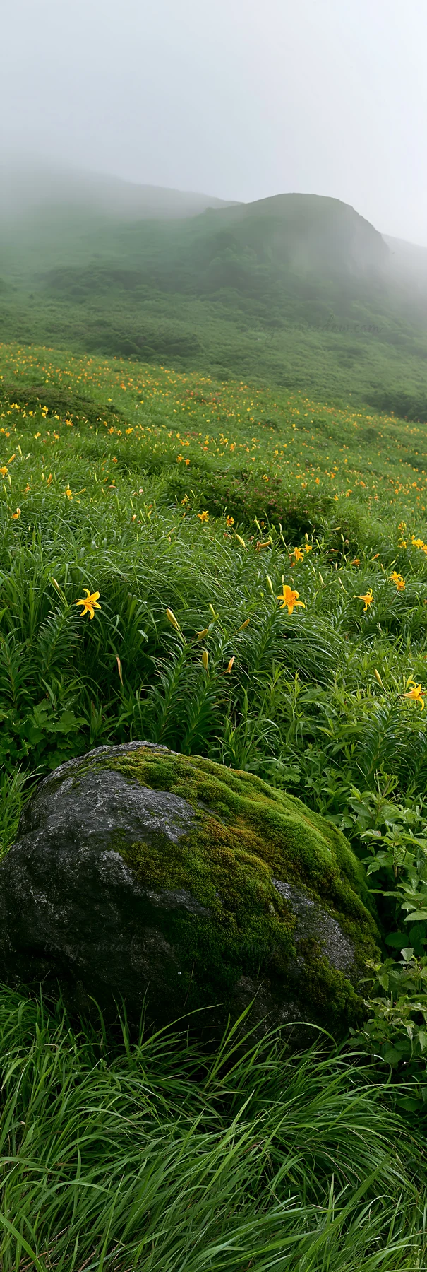 A moss-covered stone sits in a meadow filled with yellow flowers in Shimane. Mist envelops the landscape, creating a soft, muted atmosphere among the green gras