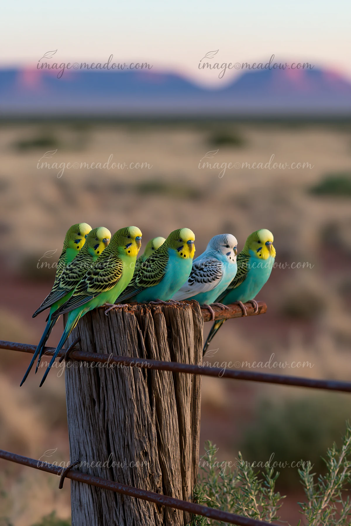 Six colorful budgerigars perch on a weathered wooden post and wire fence against a blurred desert landscape.