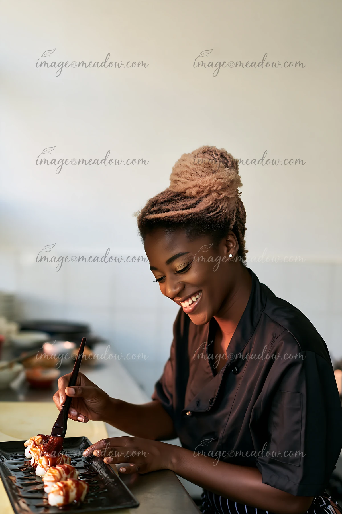 Smiling sushi chef brushes sauce onto sushi pieces at a counter with generous blank copy space.