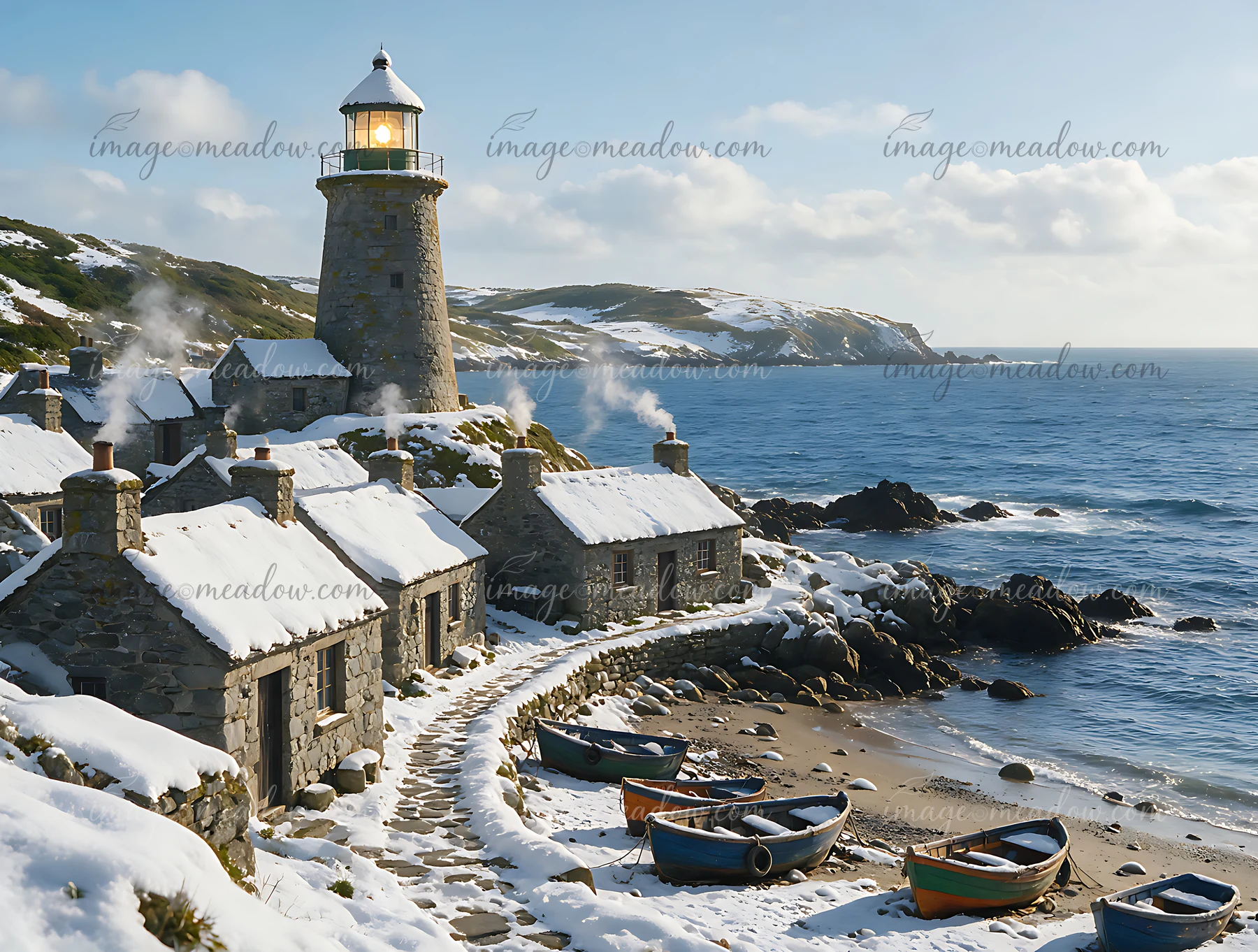 Snow-covered lighthouse overlooking stone cottages, fishing boats, and a rocky seashore beside calm ocean water.