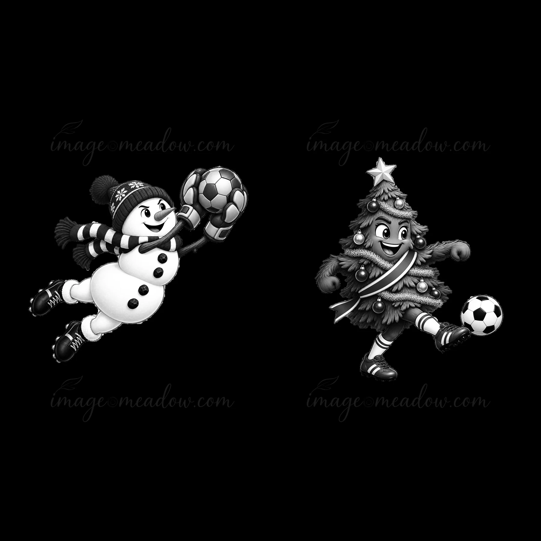 A snowman is leaping to catch a soccer ball while a Christmas tree character is dribbling a soccer ball in a playful scene. Both characters showcase a festive s