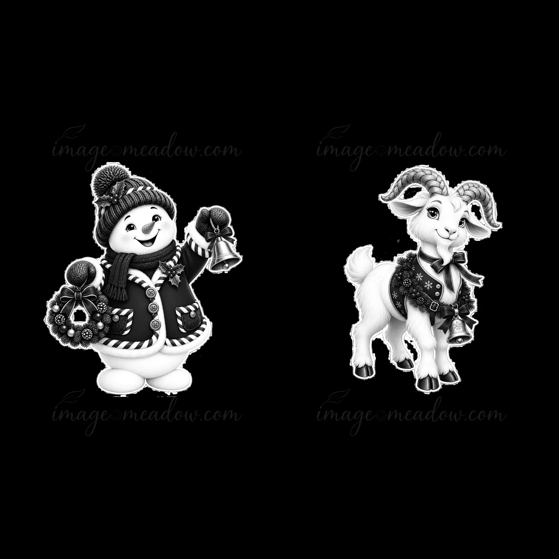 A snowman holds bells and a wreath in one hand while wearing a winter hat and coat. Next to him, a goat also carries a bell and displays a playful expression. B