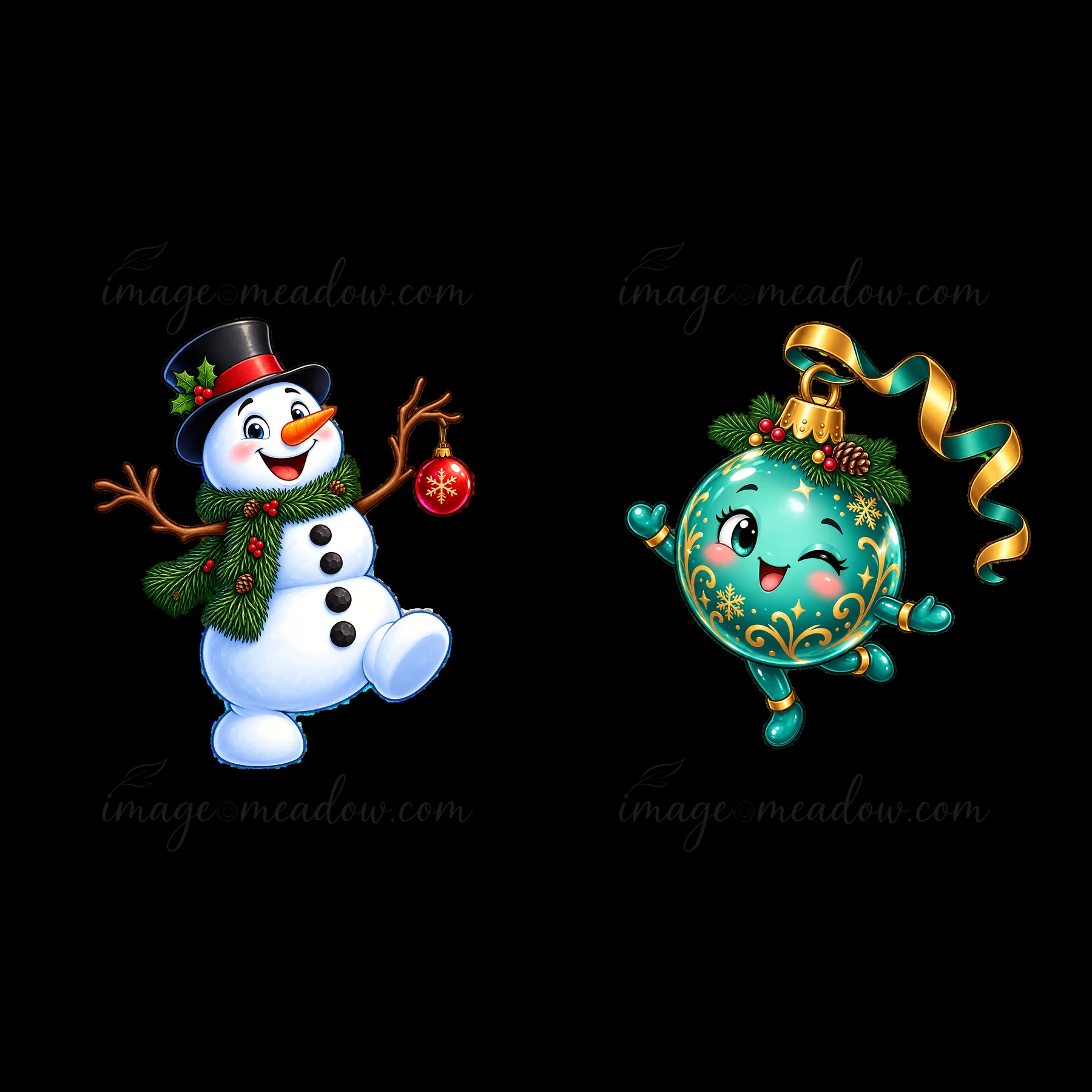 A cheerful snowman wearing a black hat and green scarf holds a red ornament. Next to him, a shiny teal ornament with a smiling face and golden ribbon swings. Bo