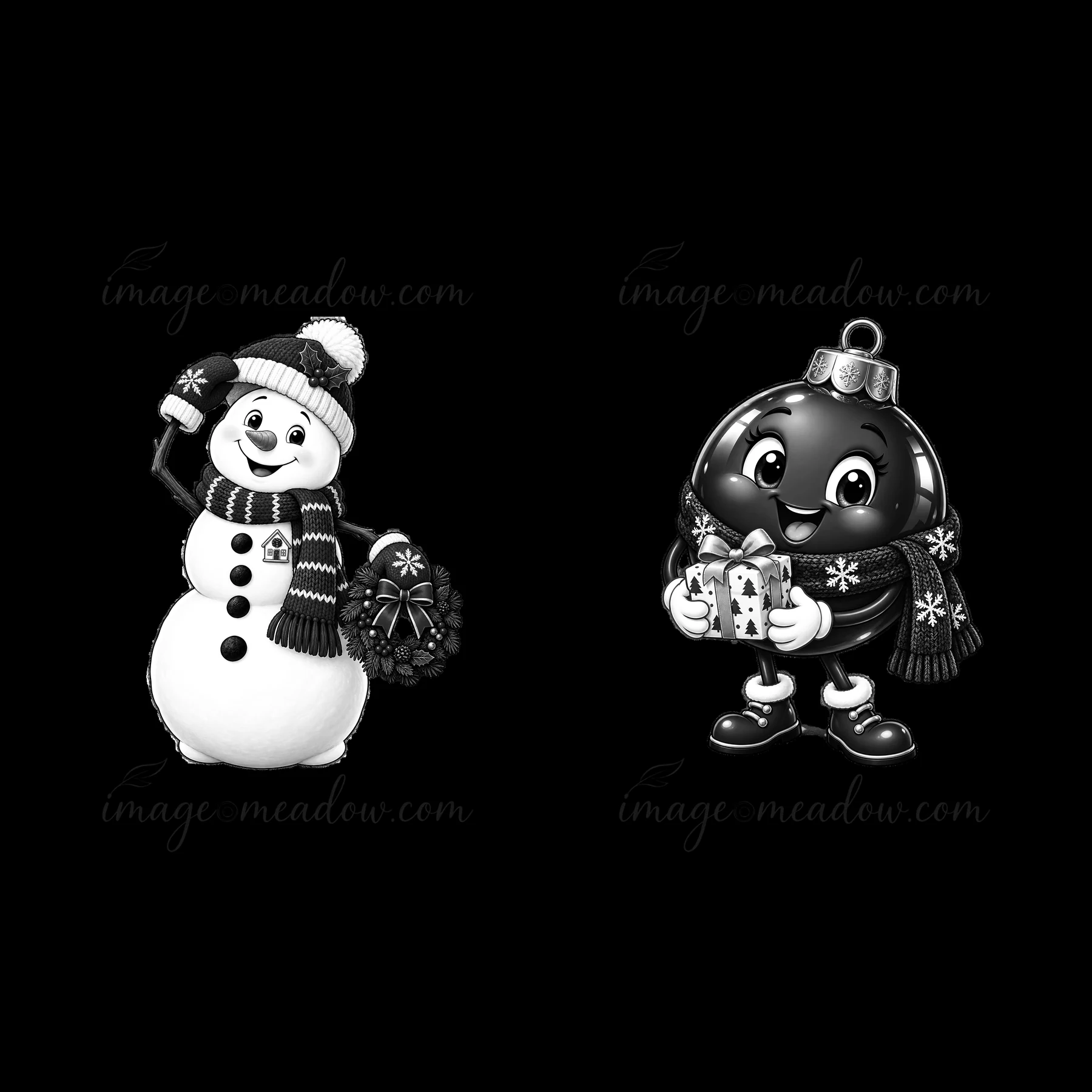 A snowman holds a wreath and a snowflake while a smiling ornament holds a gift. Both characters wear scarves and are designed for a Christmas theme. They repres