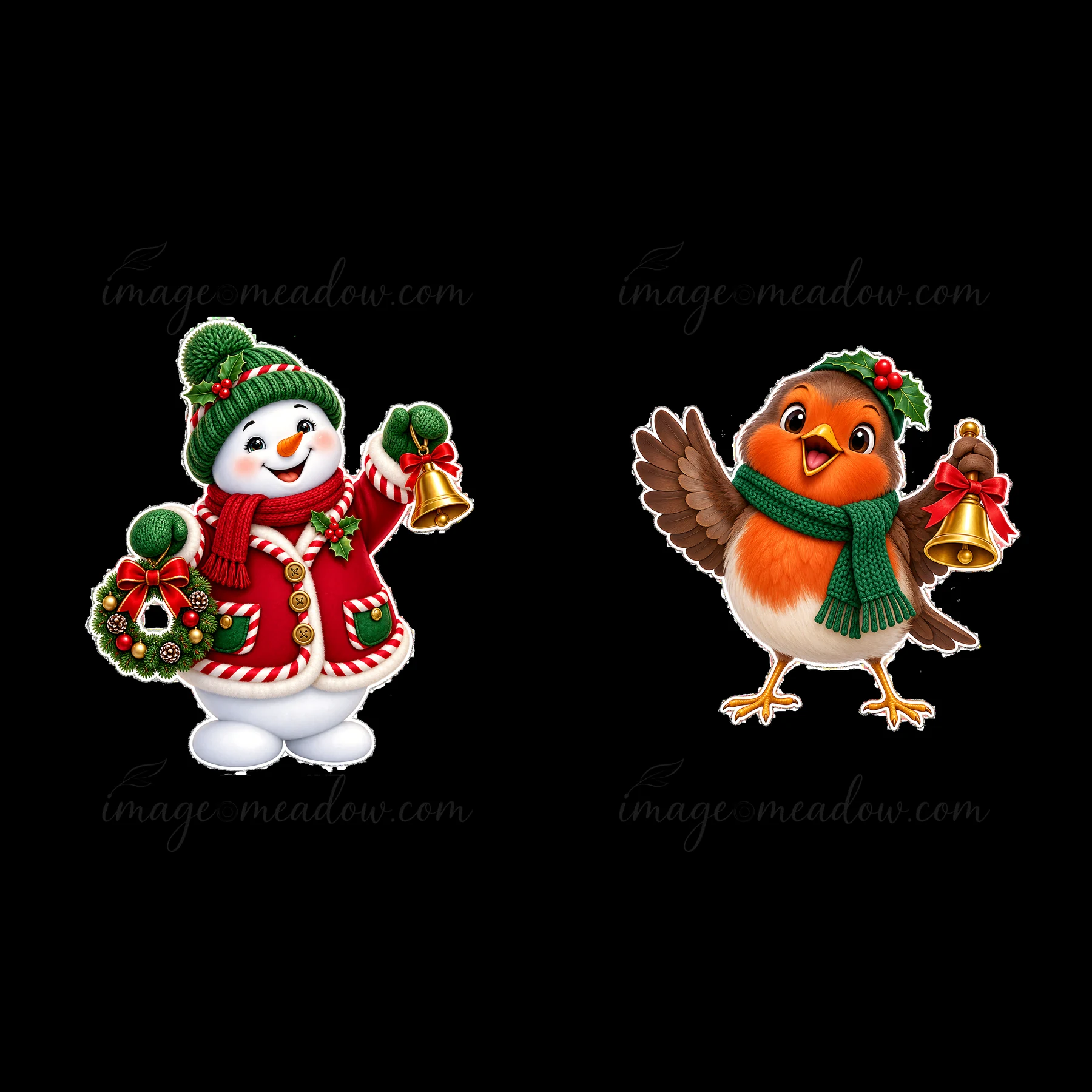 A cheerful snowman holds a bell and a festive wreath while wearing a red coat and green hat. A robin stands nearby, also with a bell, wearing a green scarf. Bot