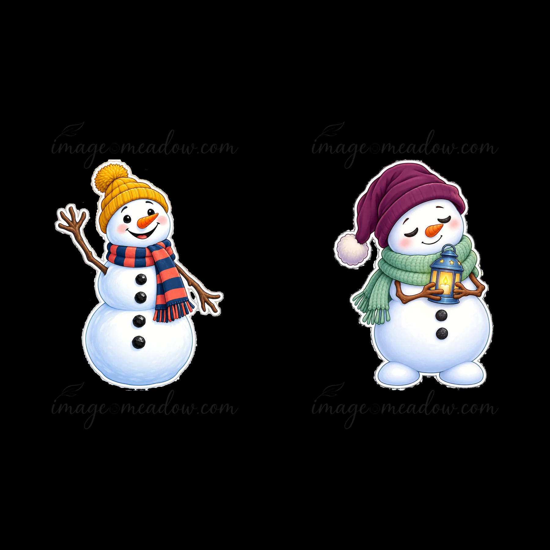 Two cartoon snowmen stand side by side. One has a yellow hat and red scarf, waving with a happy expression. The other wears a purple hat and green scarf, holdin