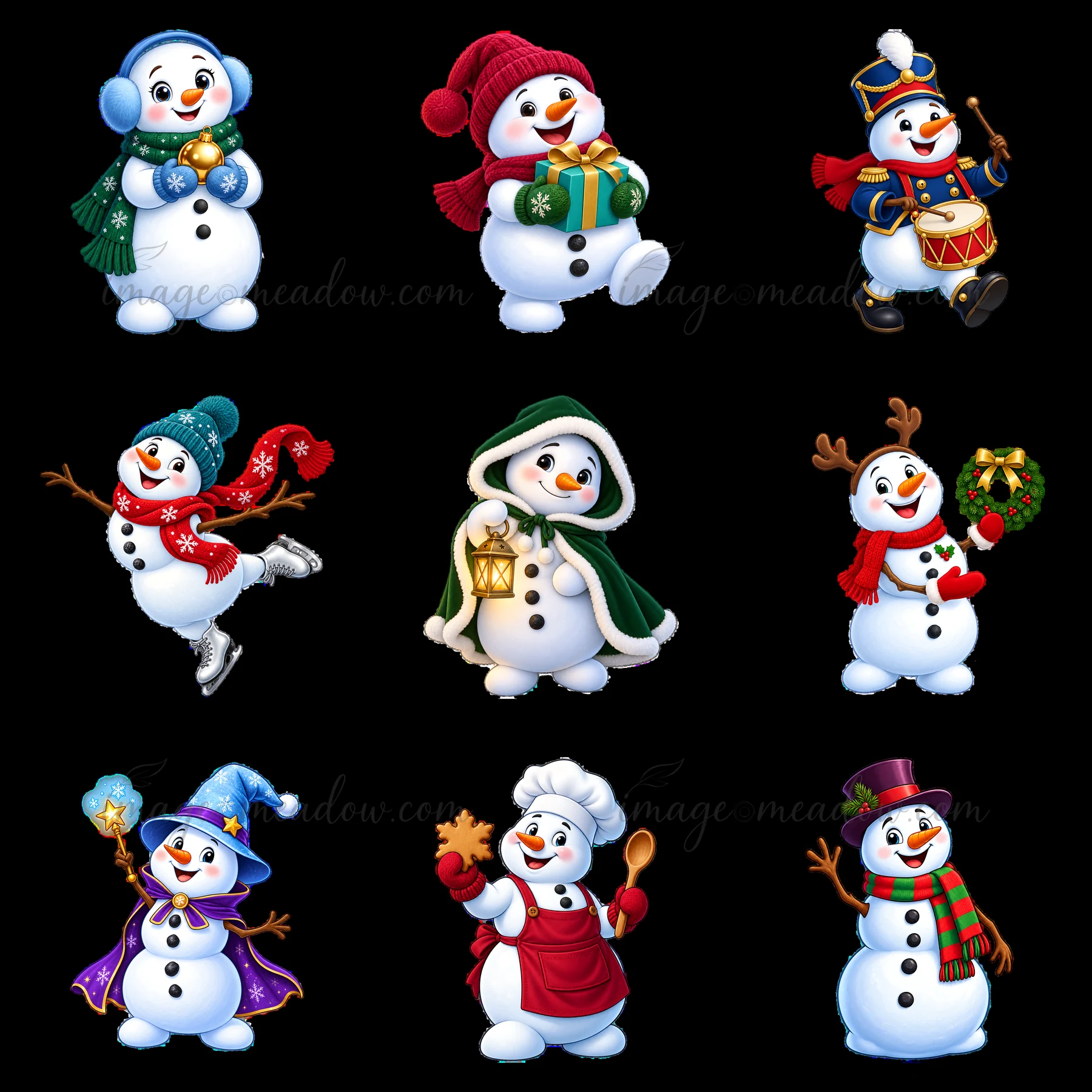 Nine snowman figures feature unique accessories and actions. They wear hats and scarves, hold gifts, and engage in activities like drumming and cooking. This ar