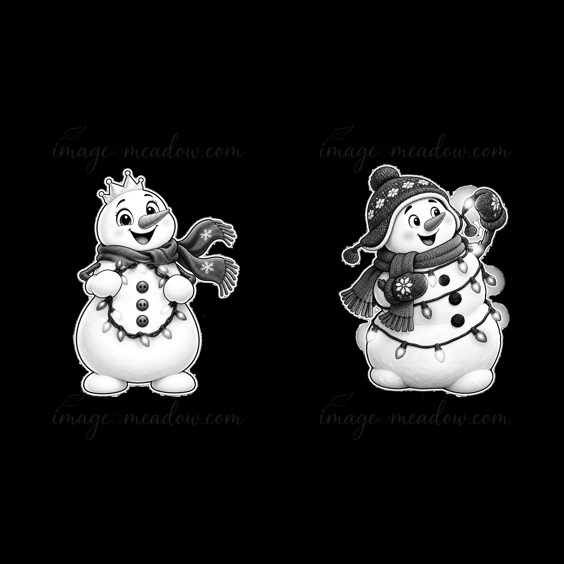 Two cartoon snowman characters stand side by side, both adorned with string lights. One wears a crown and a scarf, while the other holds a string of lights in o