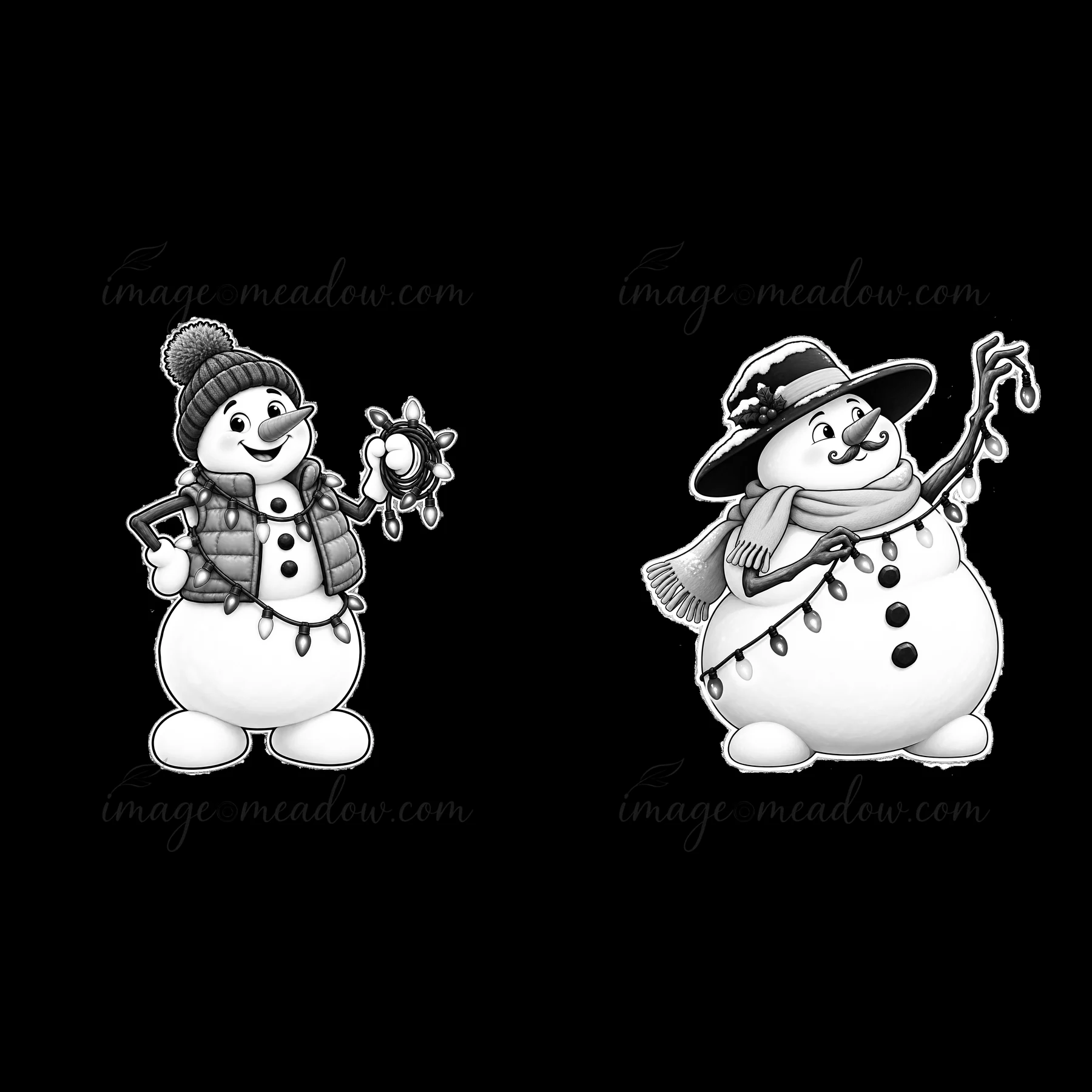 Two snowmen stand side by side. One snowman holds string lights while wearing a beanie and vest. The other snowman holds more string lights and wears a hat and