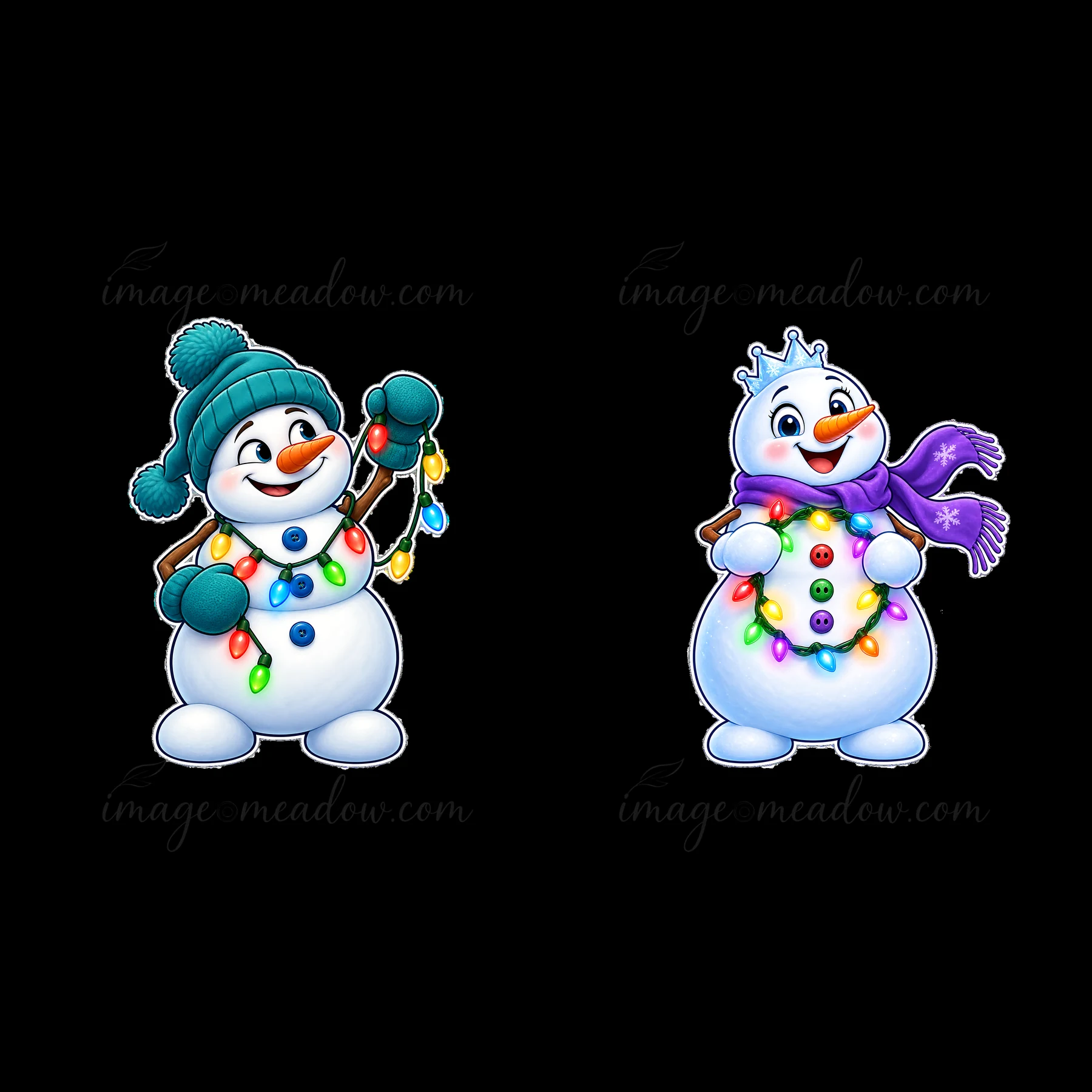 A snowman in a blue hat holds colorful string lights. Next to it, another snowman wears a crown and has a garland of lights around its body. They stand playfull