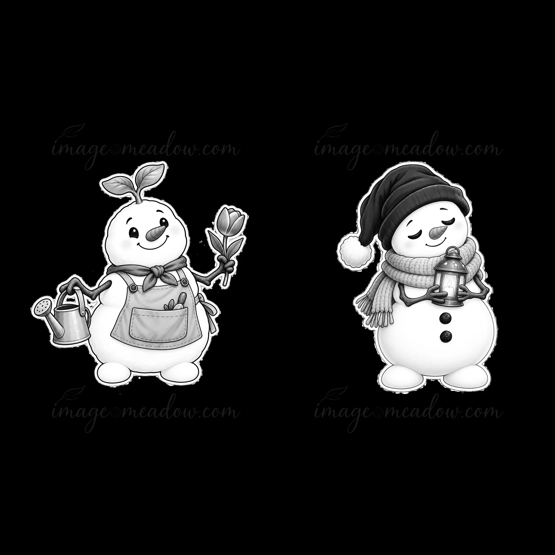 A snowman holding a flower and watering can stands alongside another snowman holding a lantern. Both characters wear scarves and hats. The scene has a winter th