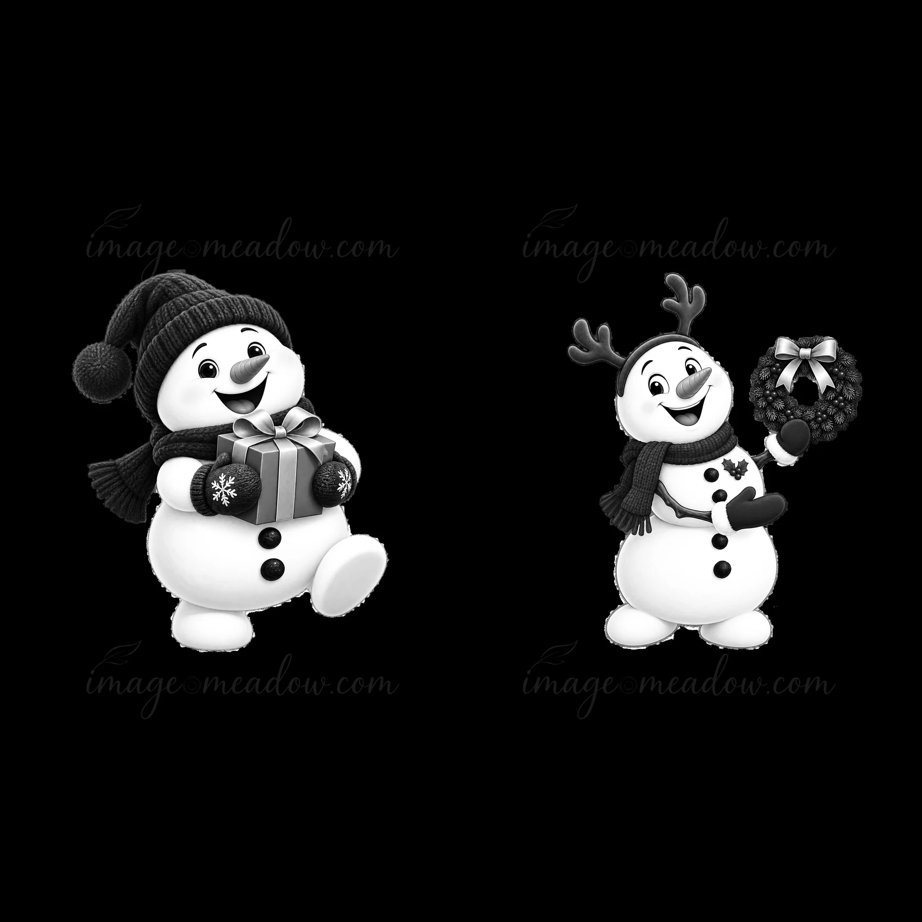 Two snowmen are featured in a cartoon style. One snowman holds a gift while the other holds a wreath. They are both ready for Christmas and dressed warmly, show