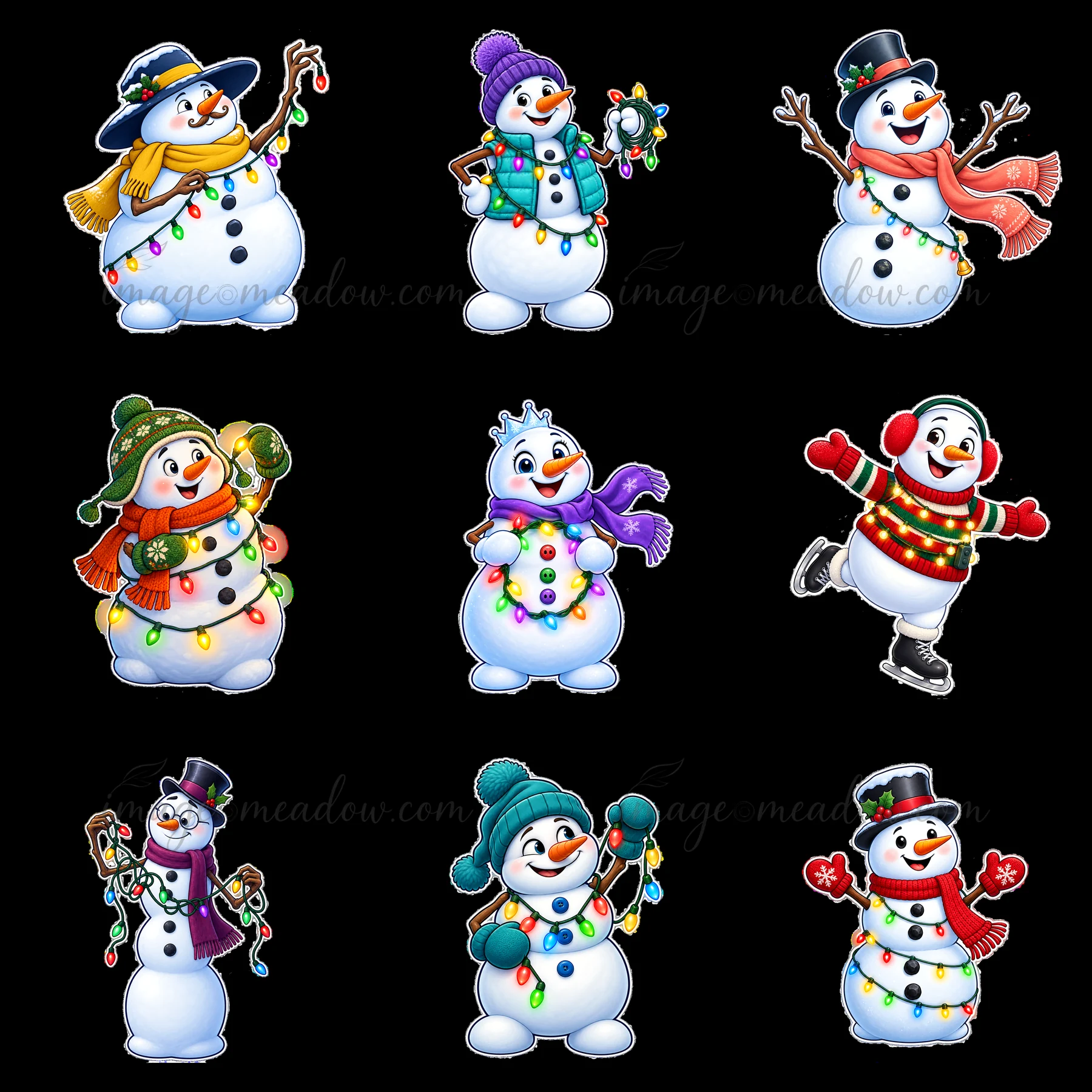 Nine cartoon snowmen are displayed in a 3x3 grid. Each snowman wears different accessories like hats, scarves, and mittens and holds colorful string lights. The