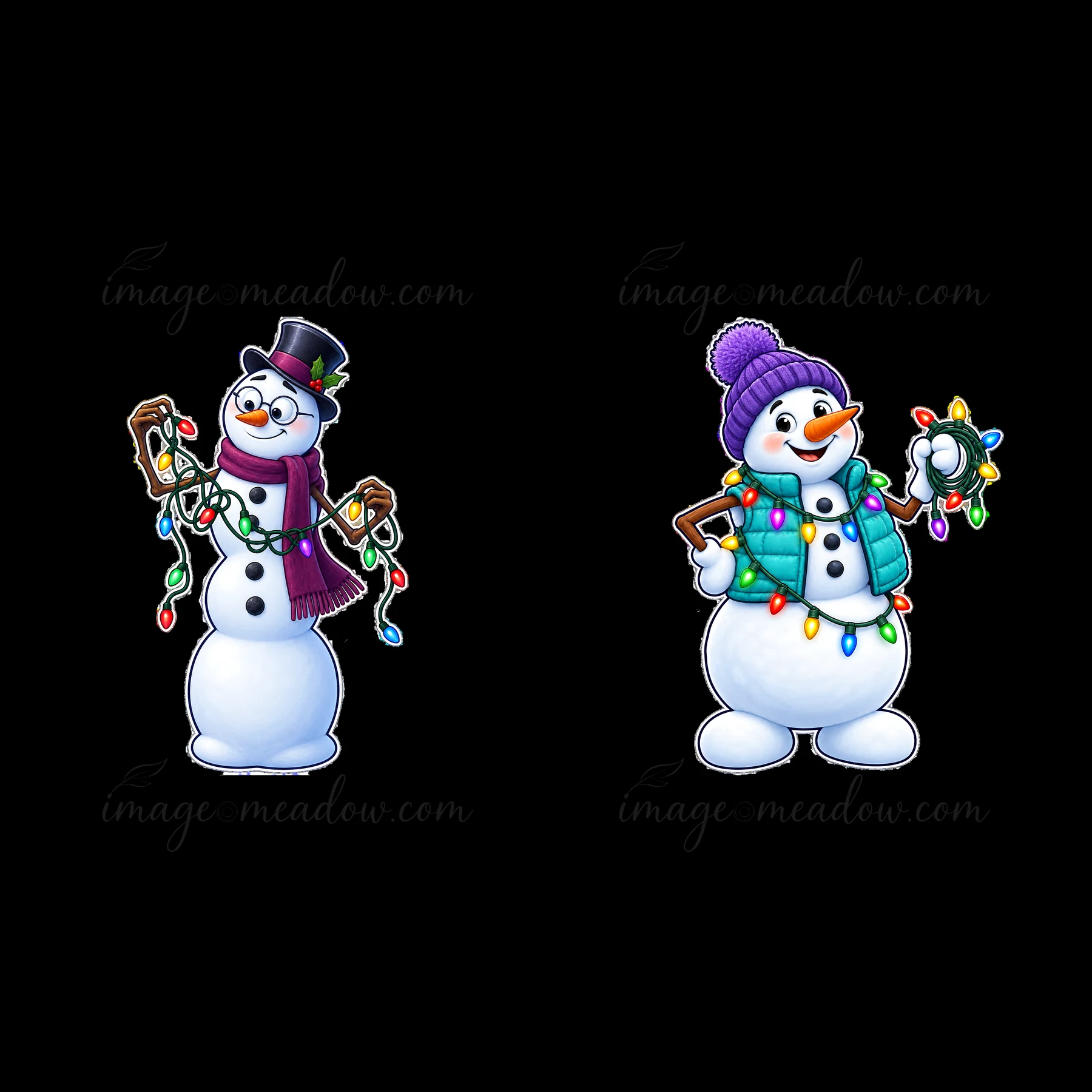 Two snowmen stand side by side, one wearing a top hat and scarf while the other sports a purple beanie and green vest. Each snowman holds colorful string lights