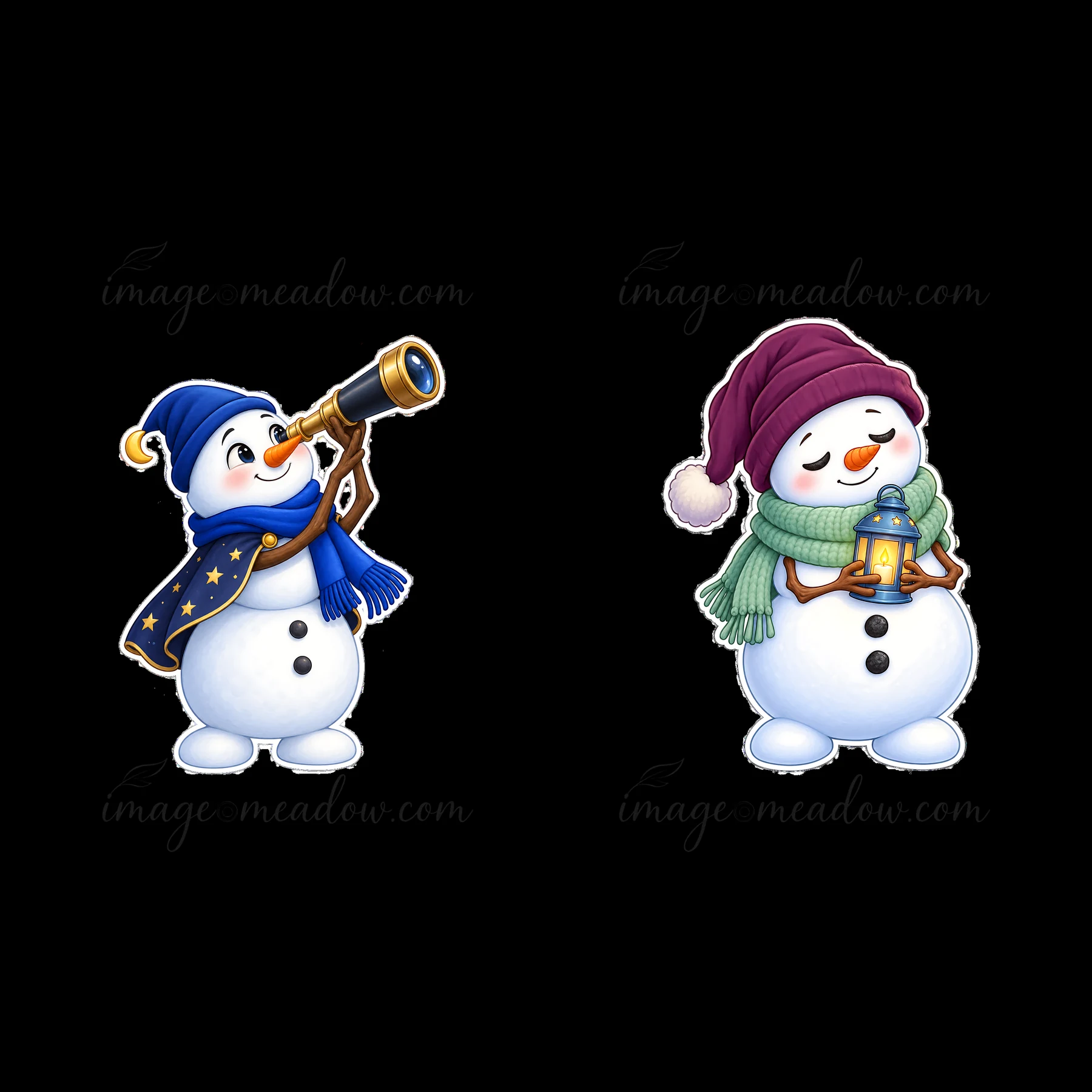 Two cartoon snowmen are shown in fun poses. One snowman holds a telescope wearing a blue hat, while the other has a lantern and wears a purple hat. They exude j