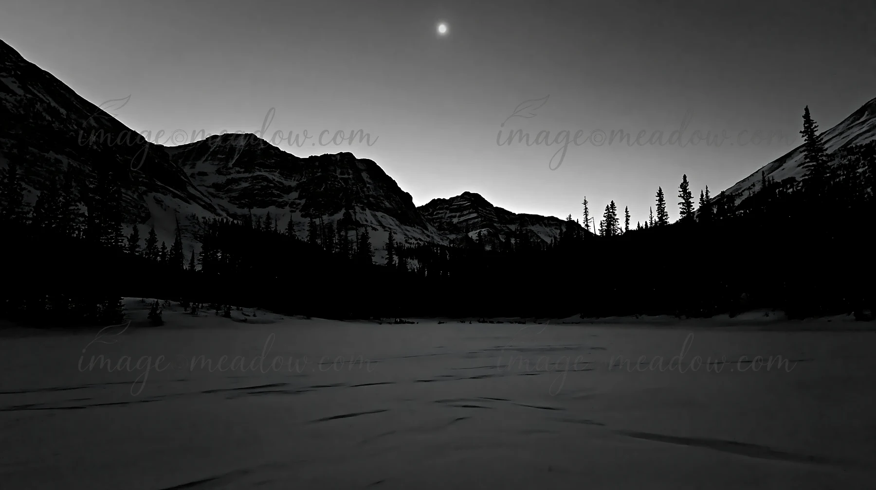 The scene shows a snowy Rocky Mountain Park meadow during twilight with mountains in the background and a crescent moon in the sky. Presented as a premium high-