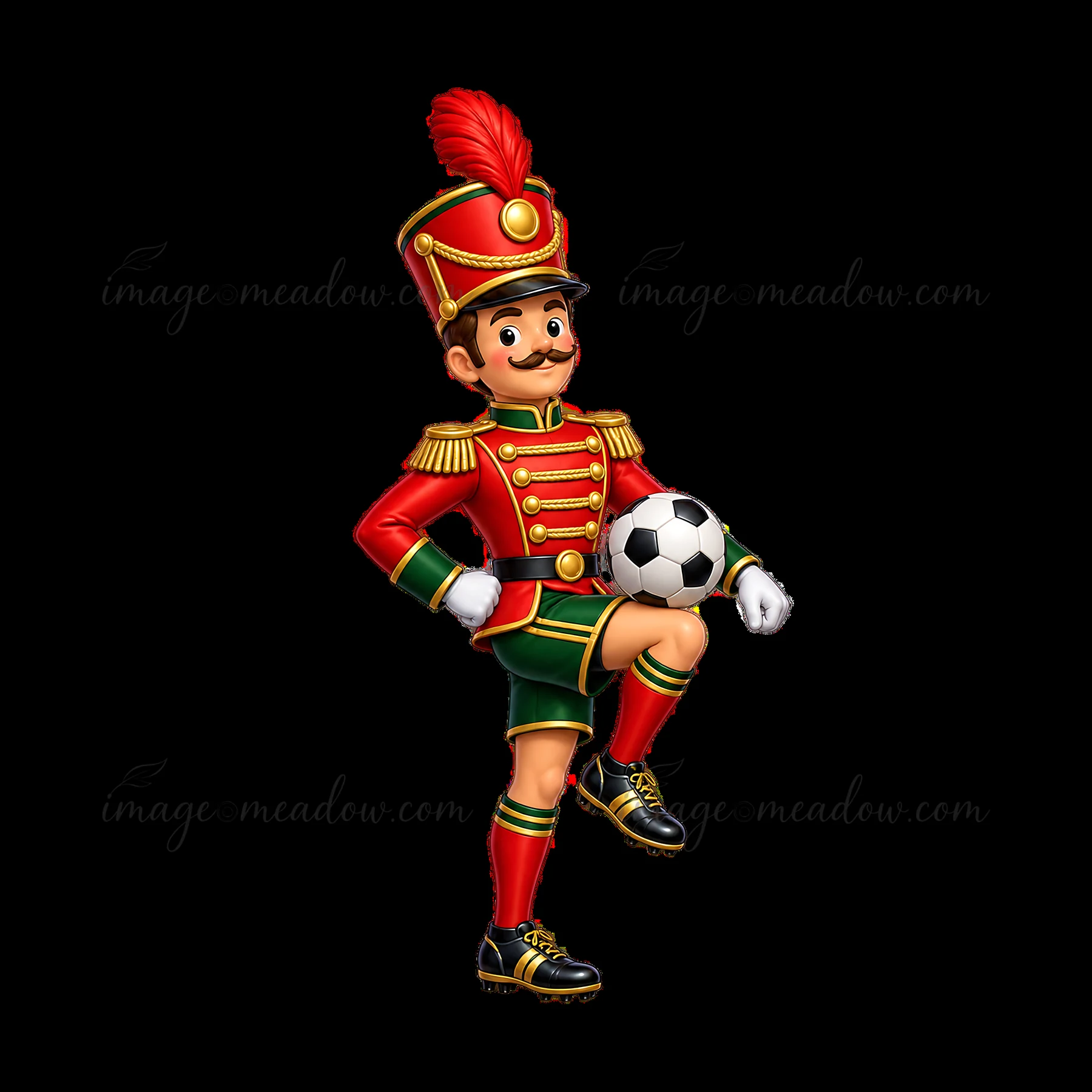 A cartoon character dressed as a Christmas soldier poses on one leg with a soccer ball held in one hand. The soldier features a red and green outfit, complete w