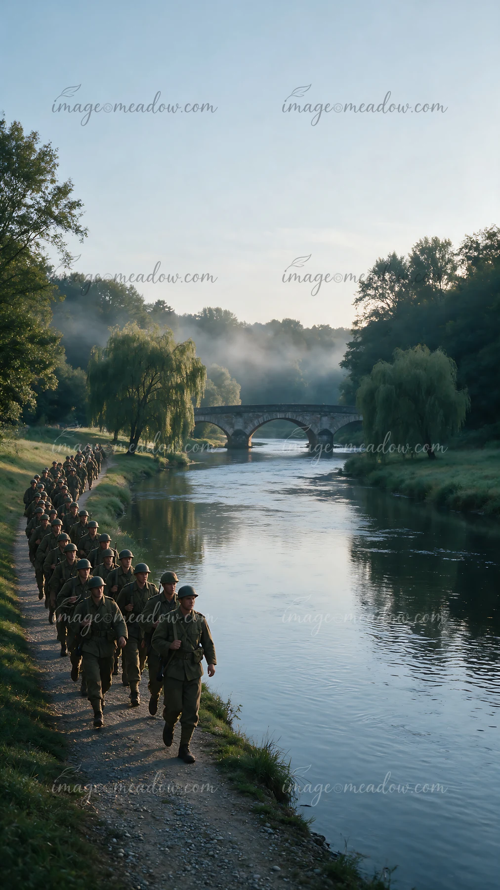 Soldiers marching together along a riverbank in the early morning light, with a bridge in the background and trees lining the water's edge.