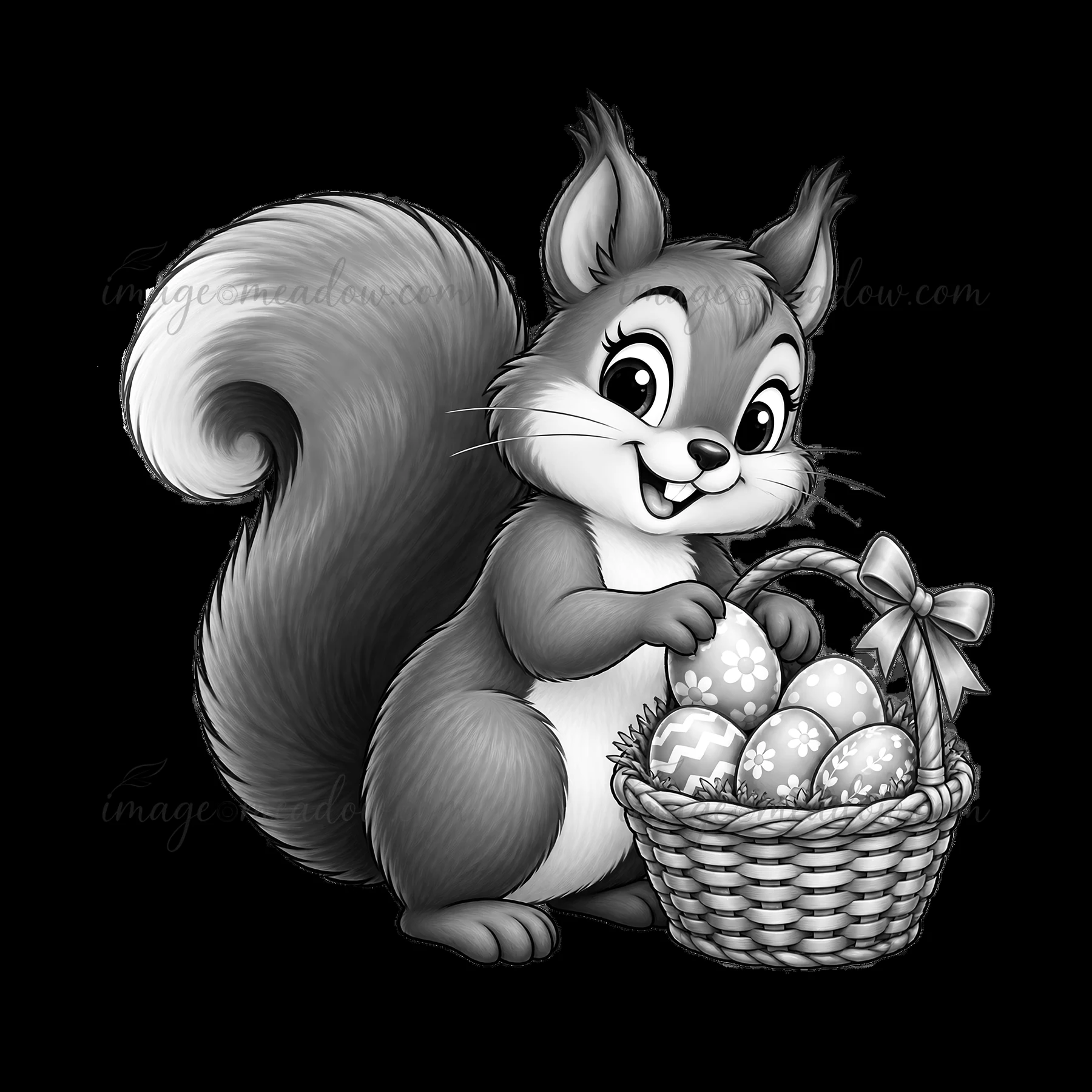 A cartoon squirrel is joyfully holding decorated Easter eggs. The squirrel stands beside a woven basket filled with colorful eggs. It has a friendly expression