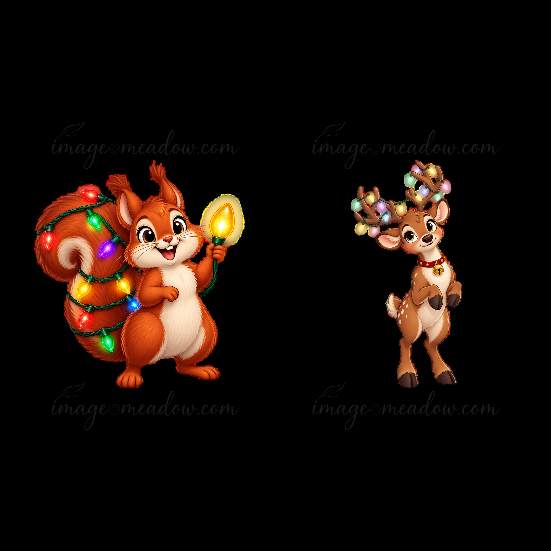 A cartoon squirrel stands holding a lit string light, with colorful lights wrapped around its tail. Next to it, a cheerful reindeer wears a bell collar, creatin