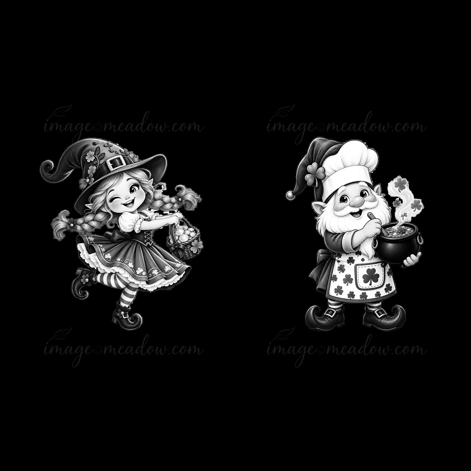 A gnome and a girl hold a pot and basket filled with shamrocks. They are smiling and playful, capturing the festive spirit of St. Patrick's Day. The scene has a