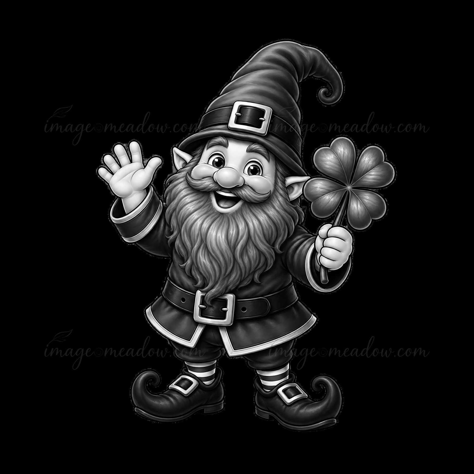 A gnome stands cheerfully, waving hello while holding a four-leaf clover. The character features a full beard and a tall hat. This design celebrates St. Patrick