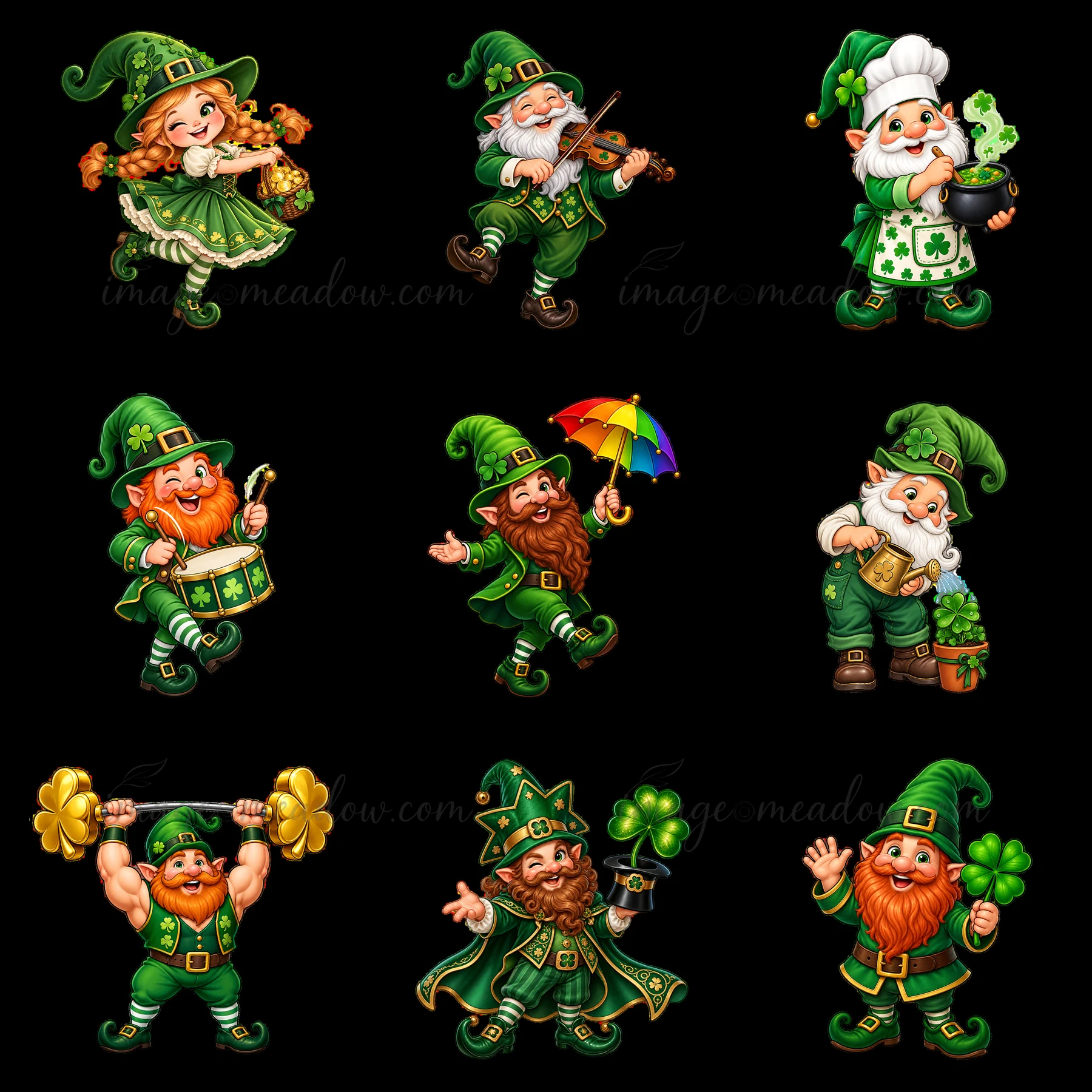 Nine colorful gnomes are engaged in various festive activities for St. Patrick's Day. They dance, play music, hold an umbrella, and show off their strength, all