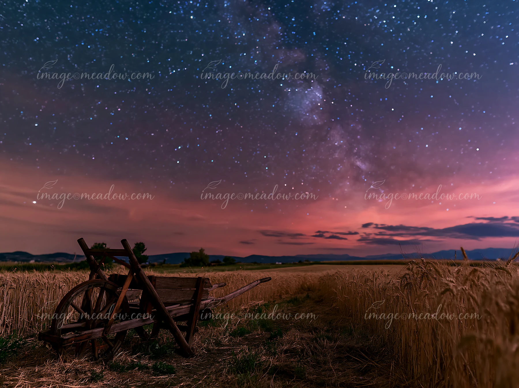 Stars fill the night sky above a golden wheat field, highlighting a wooden cart resting on the ground.
