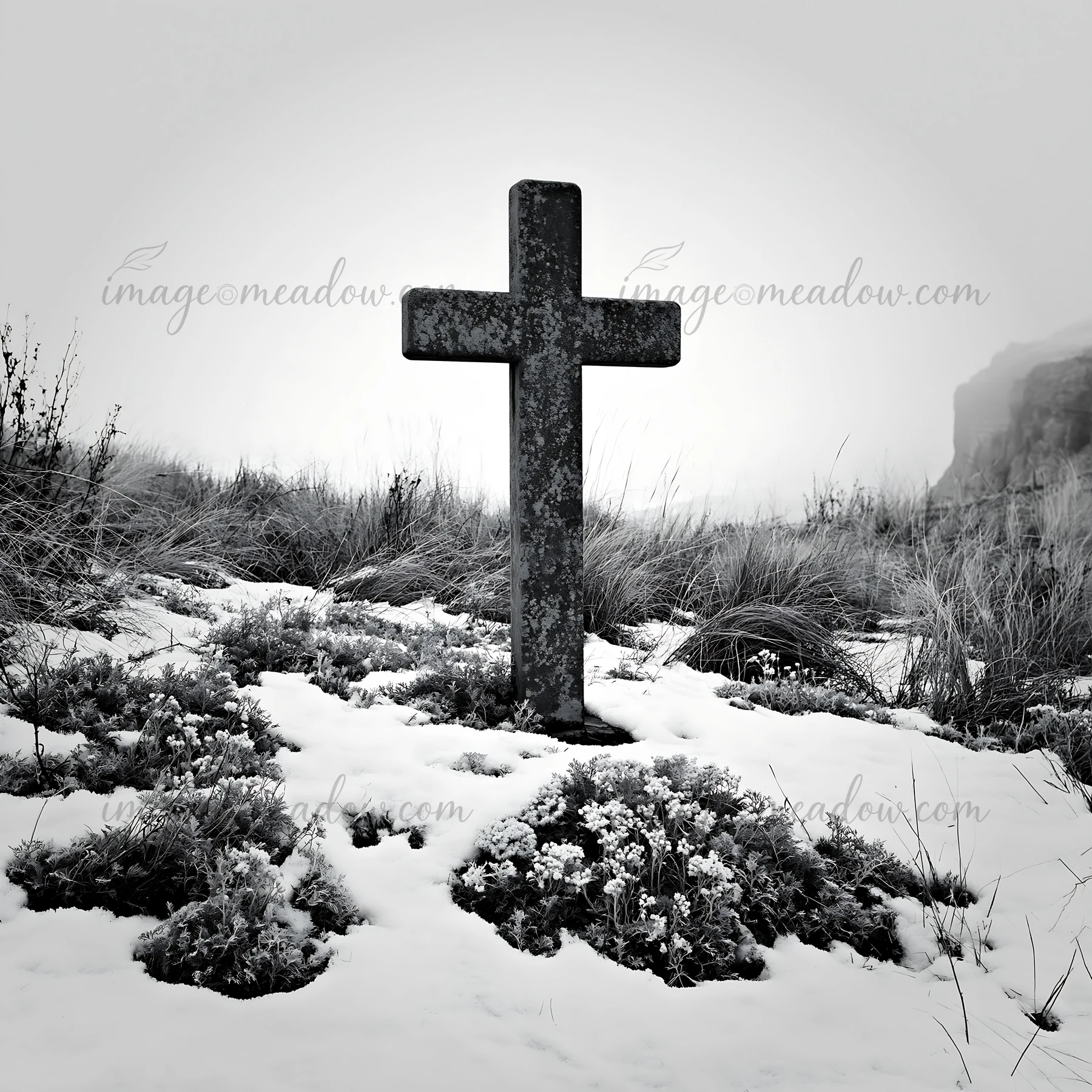 A stone Christian cross stands alone in a snowy meadow. The surrounding grass and wild plants are covered by fresh snow. The scene captures a quiet and cold win