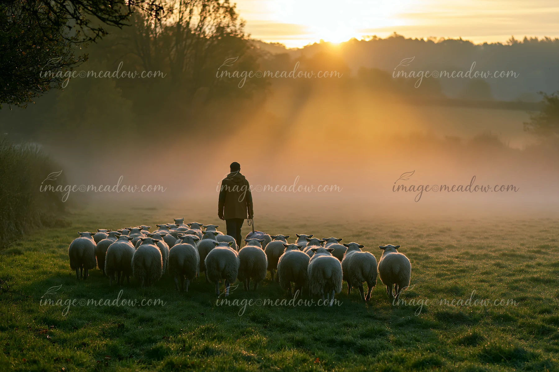 Sunbeams over a misty meadow illuminate a shepherd guiding a flock of sheep as they move through the grass.