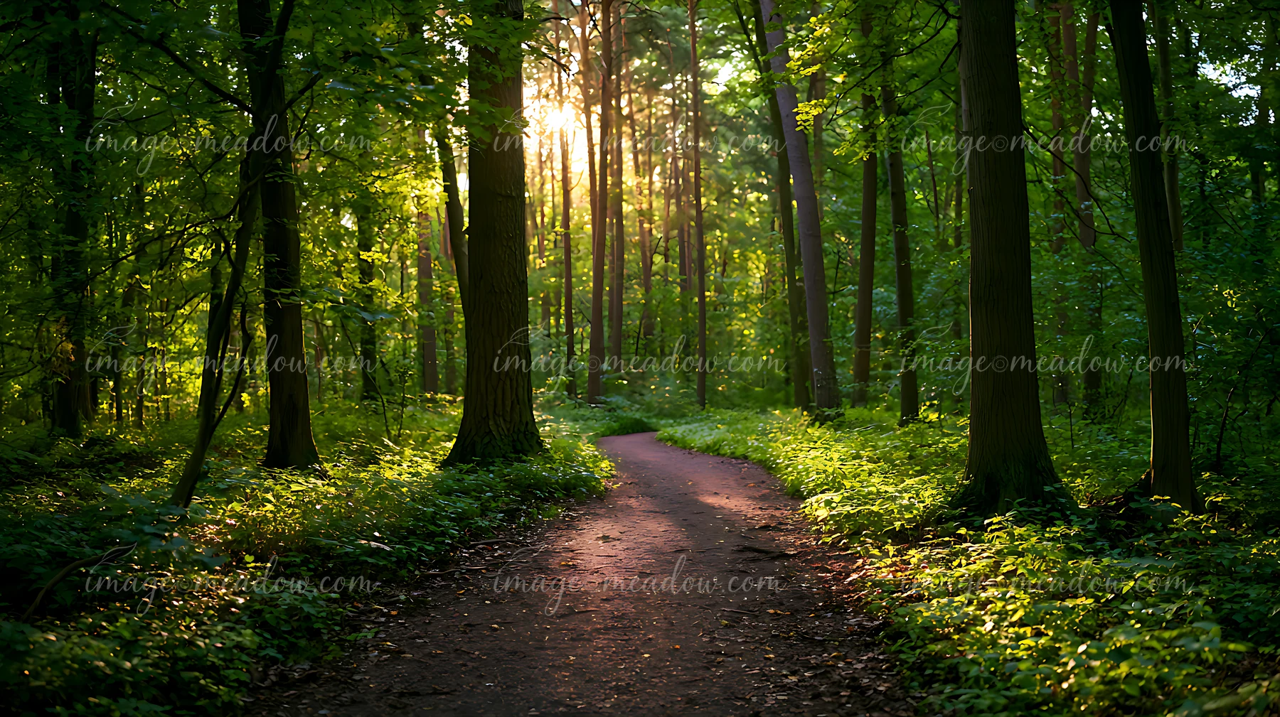 Sunlight streams through the trees in a forest setting, illuminating a winding dirt path.