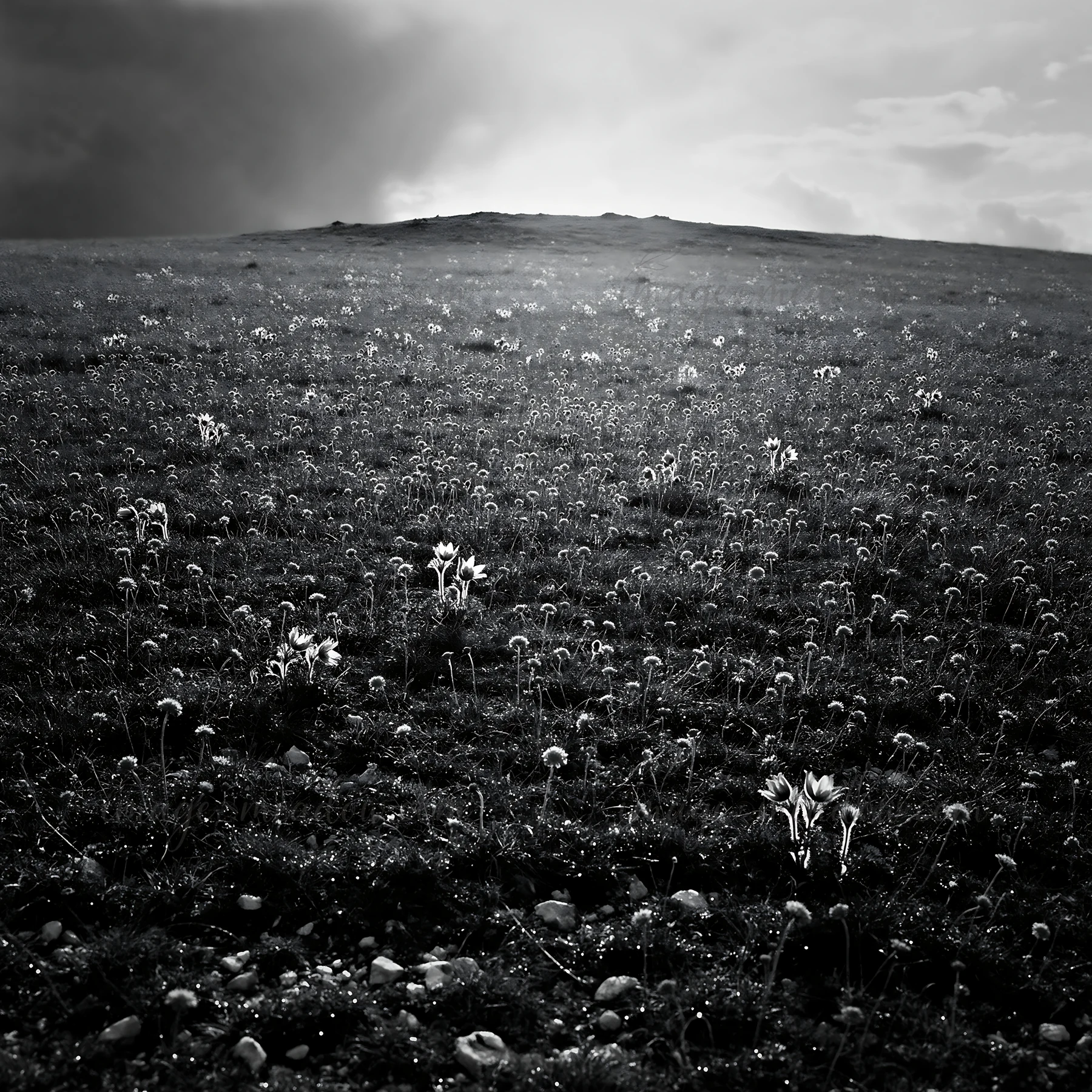 A sunny meadow filled with flowers stretches across the landscape. The scene captures limestone terrain under a mostly clear sky, offering ample space for outdo