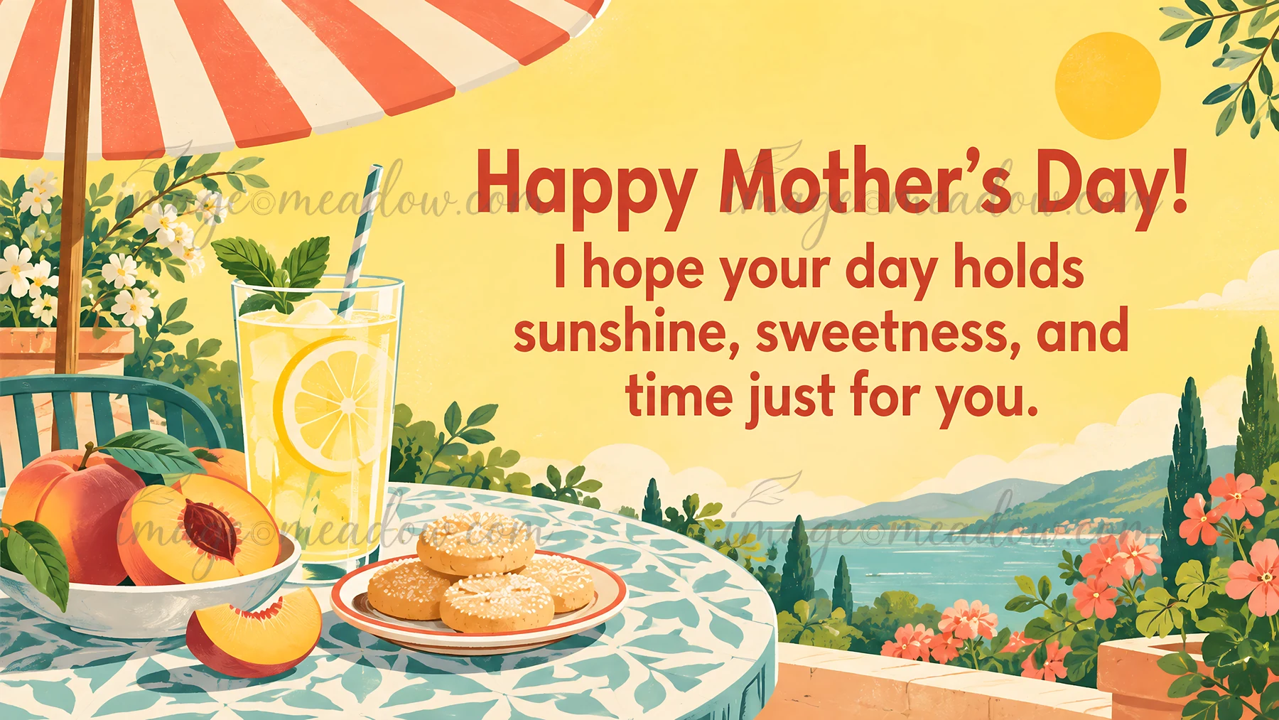 A warm illustrated Mother's Day greeting with a personal message, set beside lemonade, peaches, and cookies on a sunny patio overlooking a lake.