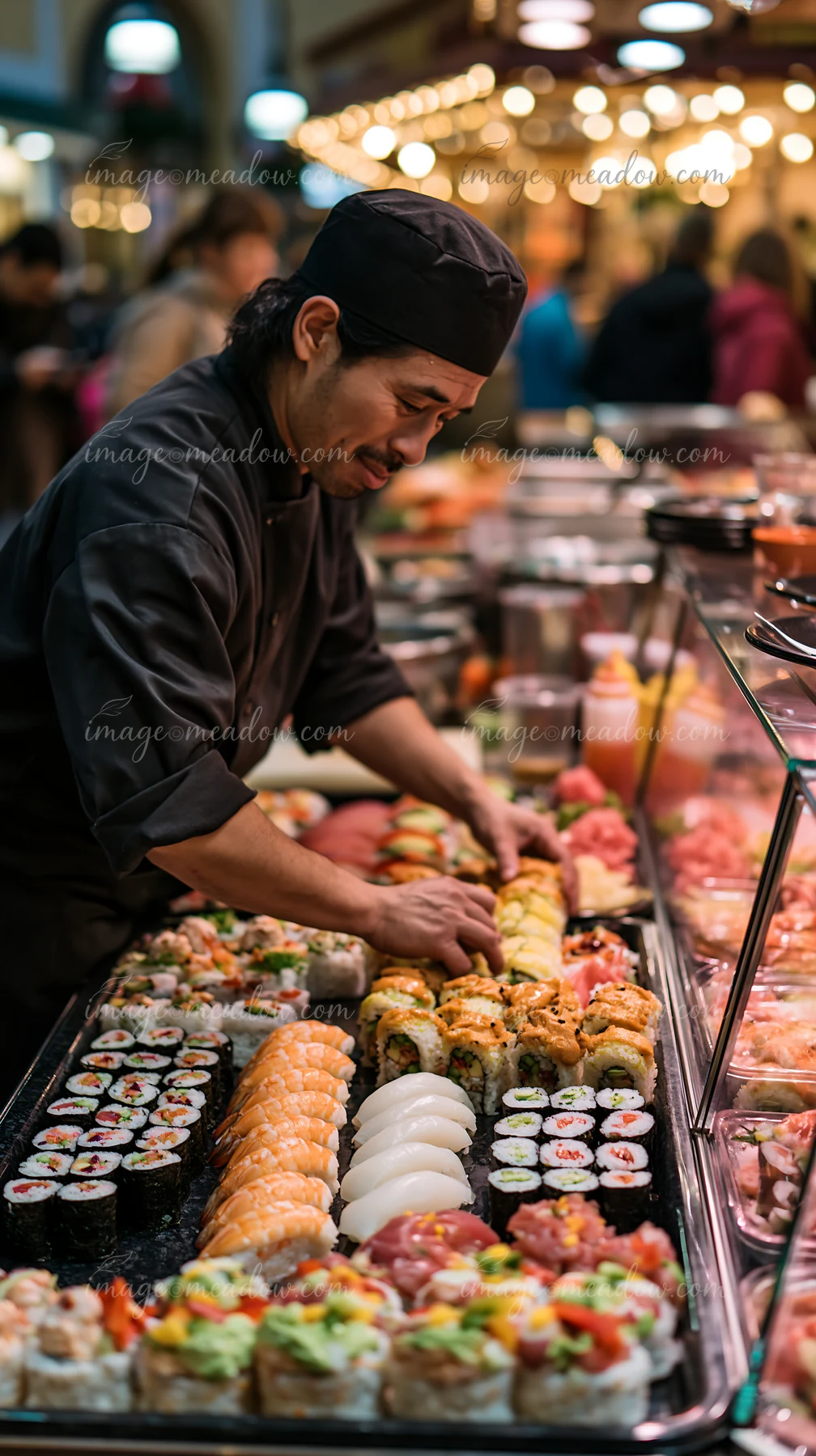 Sushi chef arranges assorted sushi at a brightly lit food counter.
