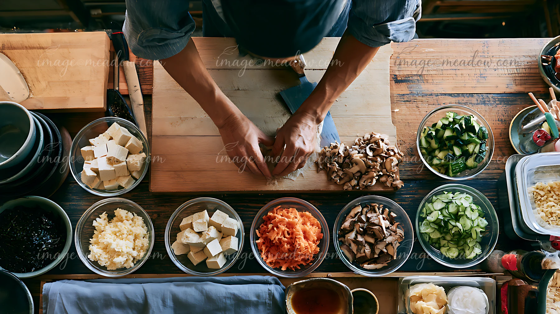 Sushi chef chops mushrooms at a workstation surrounded by organized bowls of ingredients.