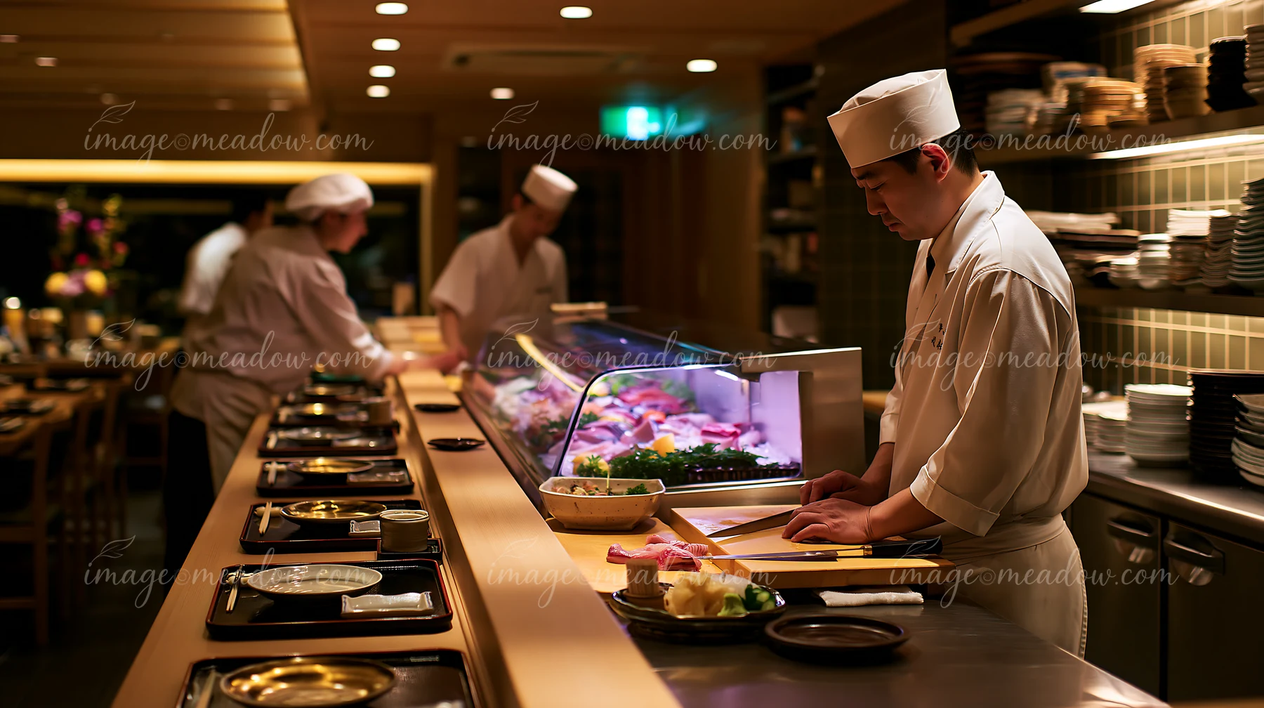 Sushi chef works at a preparation counter beside sliced fish and plates in a warmly lit restaurant.