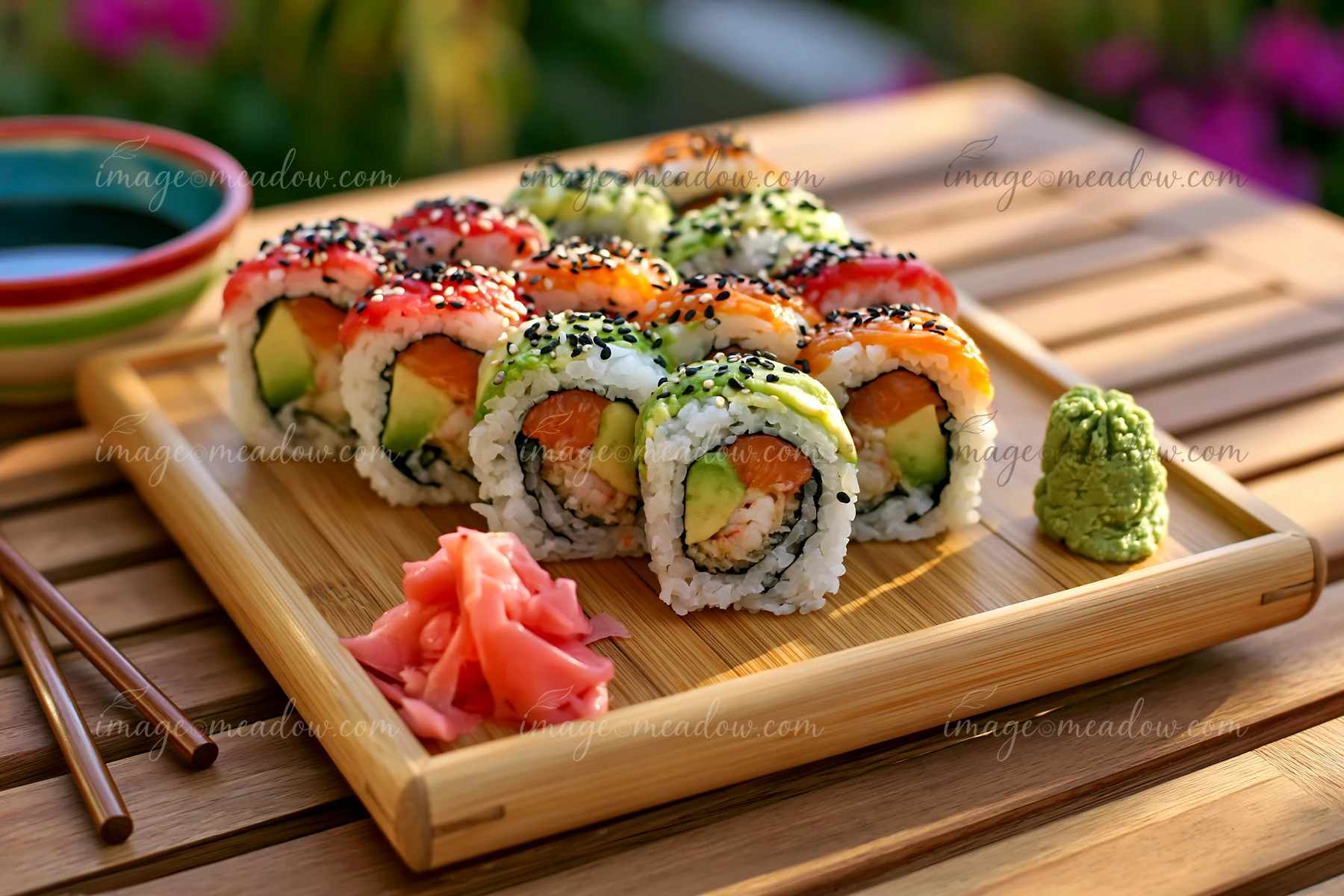 Sushi rolls served on bamboo tray are arranged neatly with wasabi and pickled ginger.