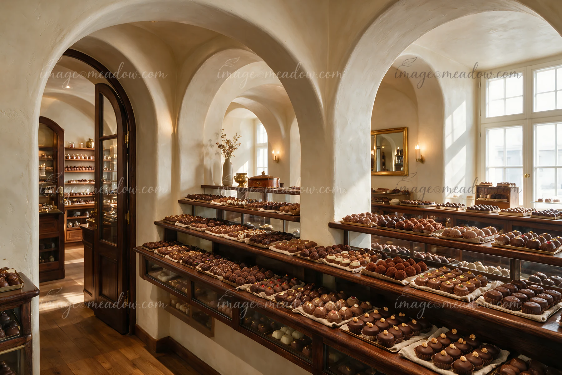 Swiss chocolate shop interior with rows of pralines and truffles in glass display cases beneath arched walls.