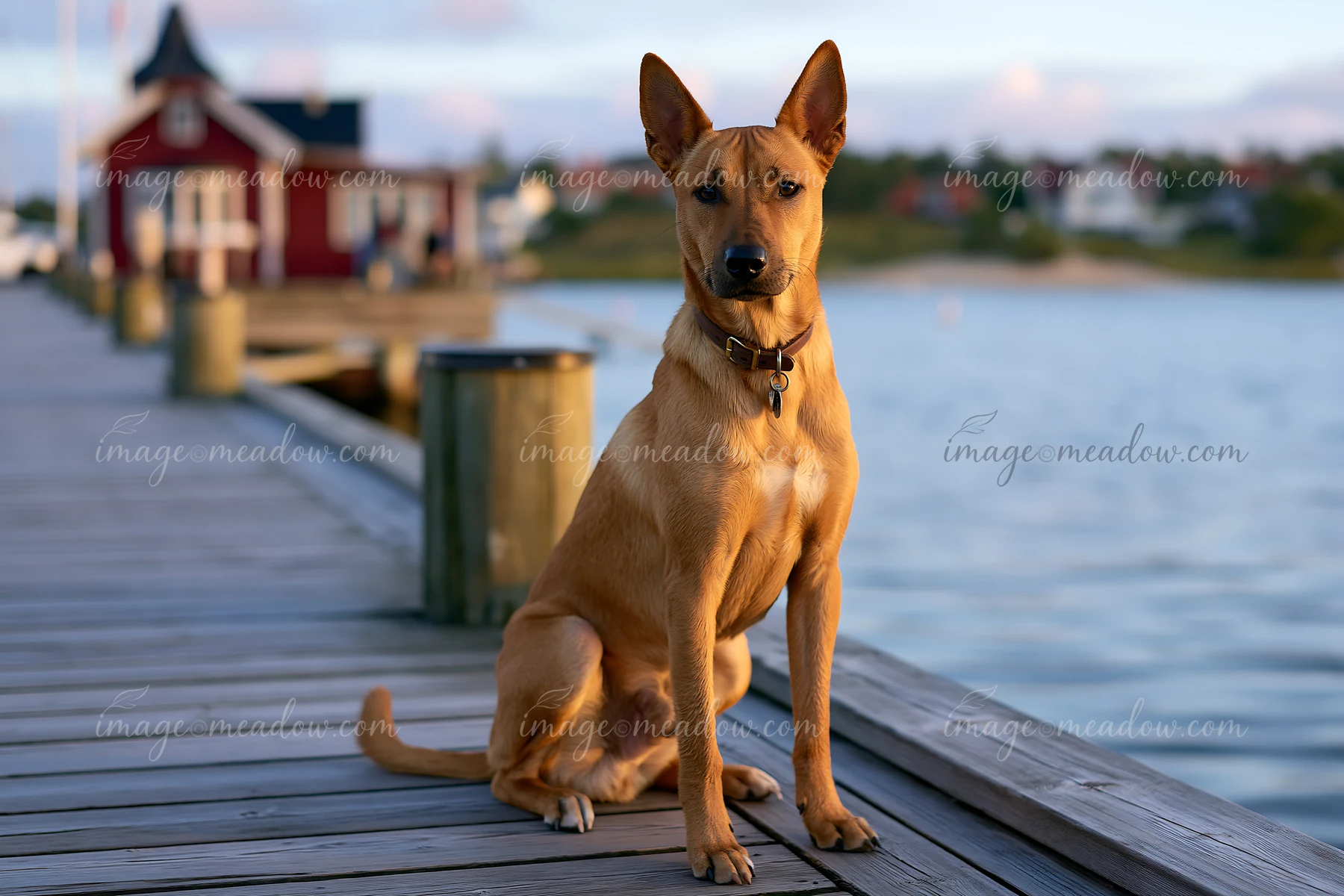 Tan dog sitting on a wooden seaside boardwalk beside calm water and blurred waterfront buildings.