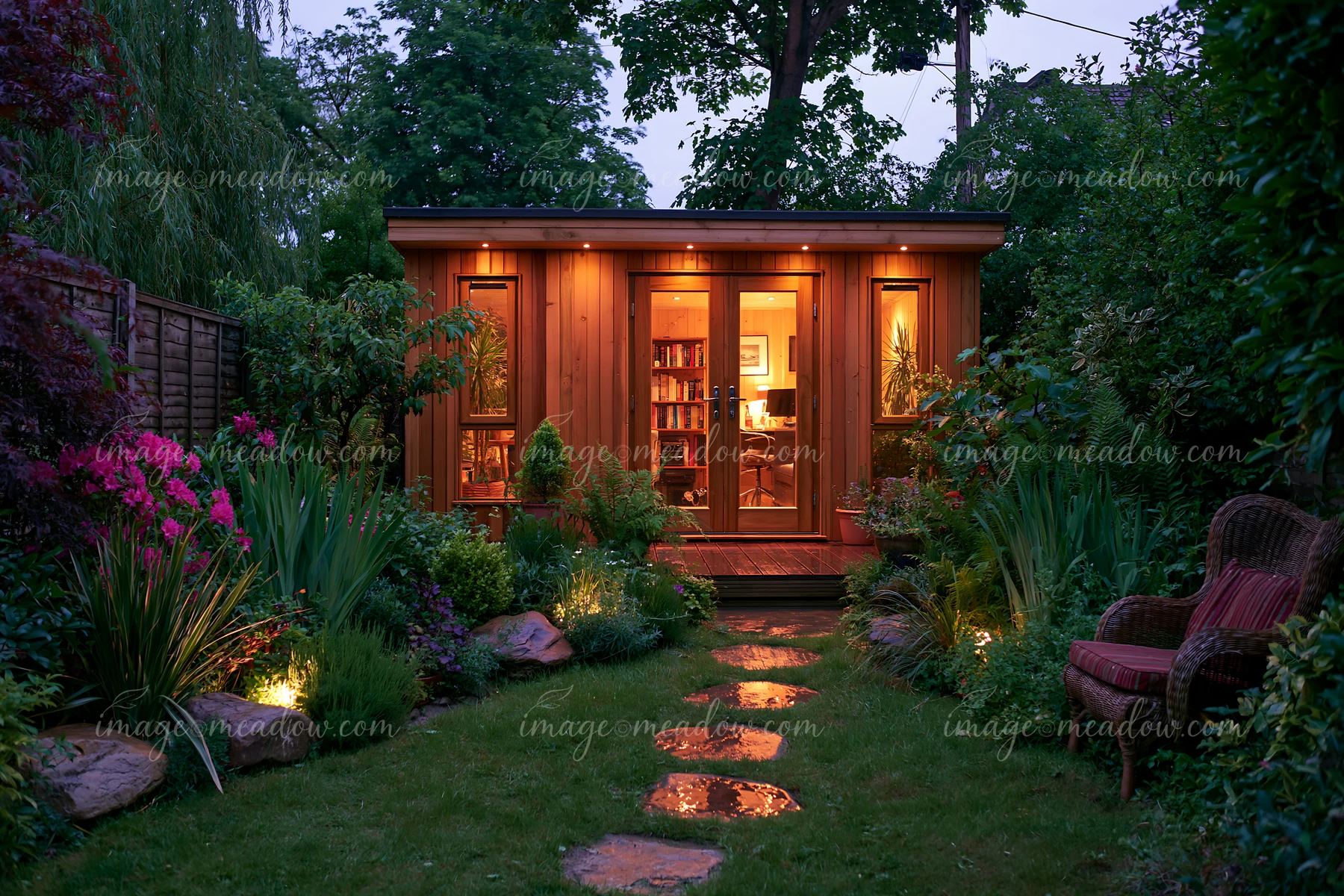 The garden studio features illuminated windows and a welcoming path surrounded by lush greenery and flowers.