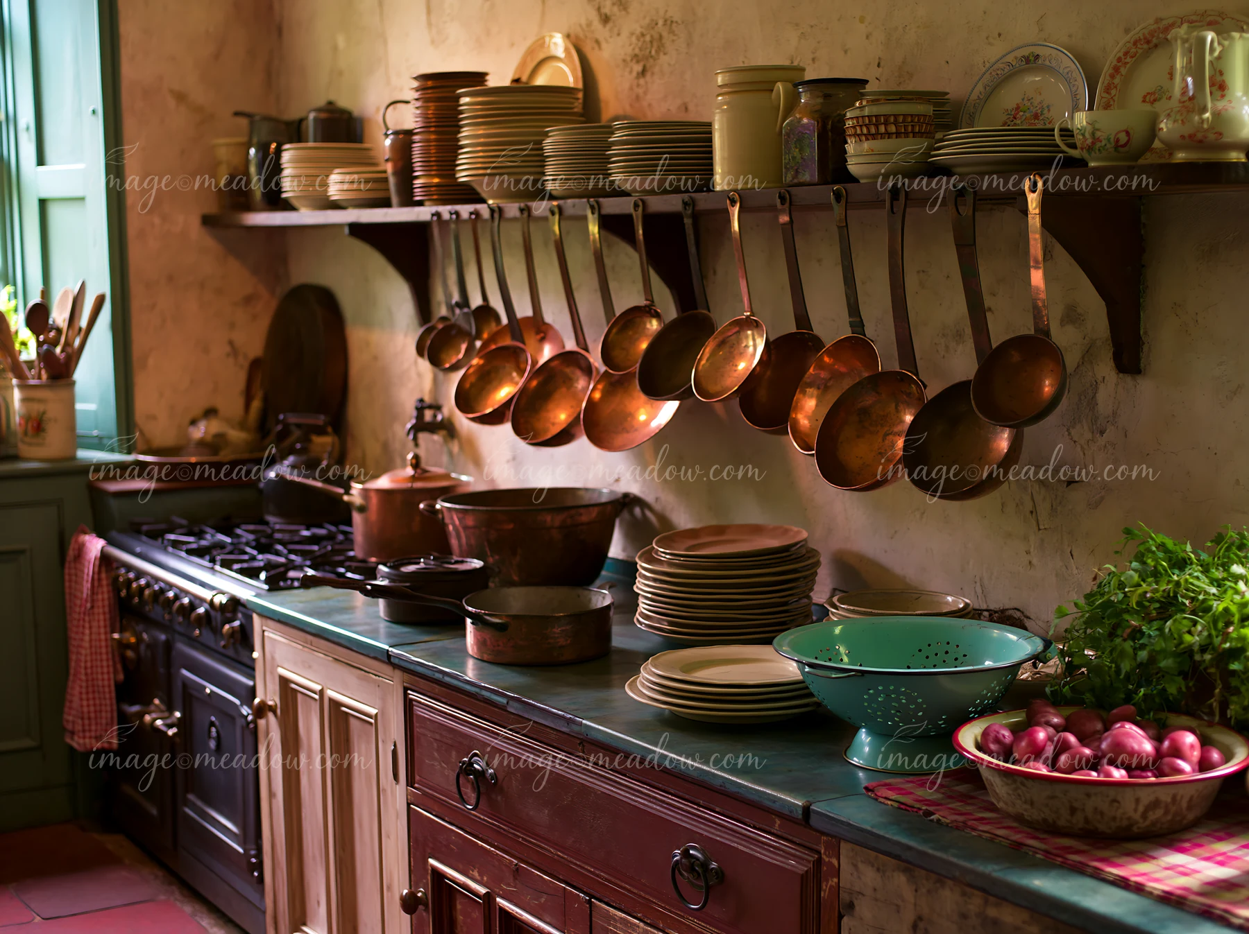 The kitchen features a range of copper cookware hanging on a wooden shelf, with neatly stacked plates and bowls.