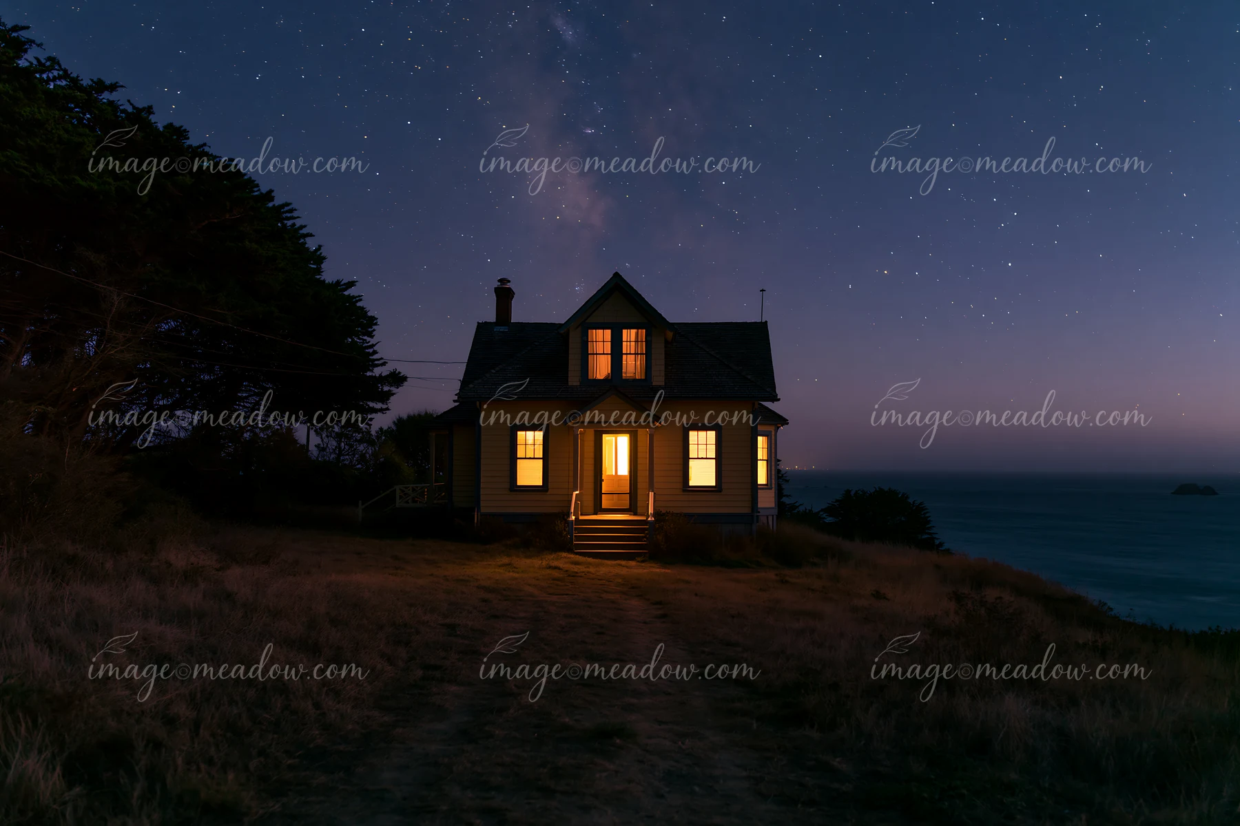 The villa sits on a hillside overlooking the ocean, with warm light coming from the windows, contrasting against the dark night filled with stars.