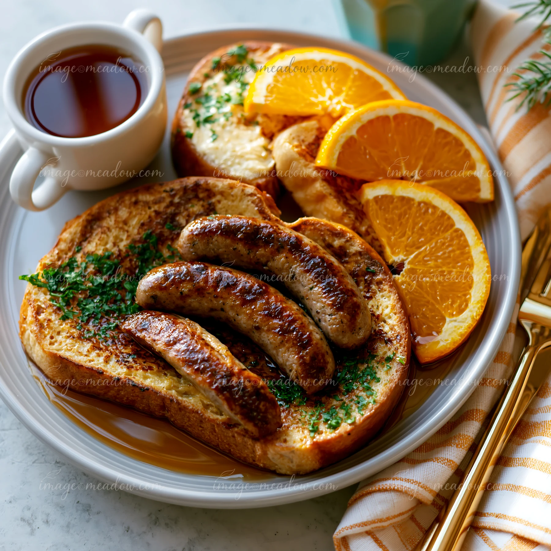 This breakfast plate features three sausage links served with French toast and orange slices.