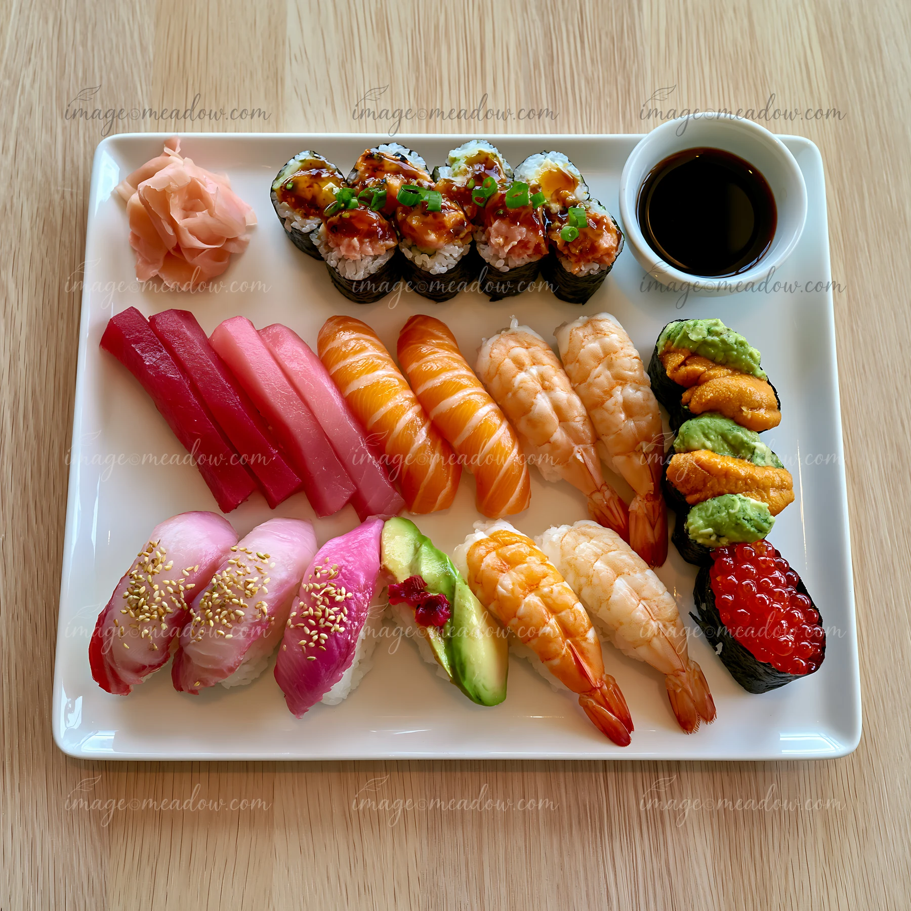 This dish features a premium sushi selection including various types of nigiri and rolls.
