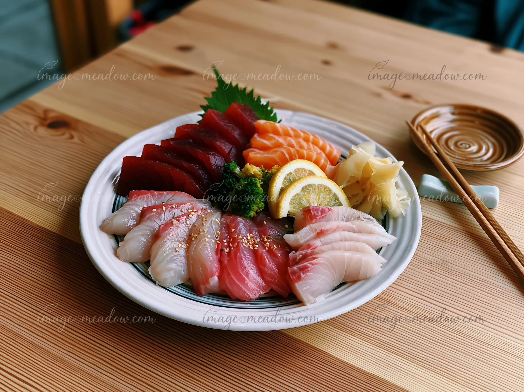 This platter features various types of sashimi, garnished with pickled ginger and lemon slices, resting on a wooden table in a casual dining setting.